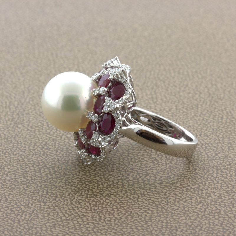15mm South Sea Pearl Ruby Diamond 18k White Gold Cocktail Ring