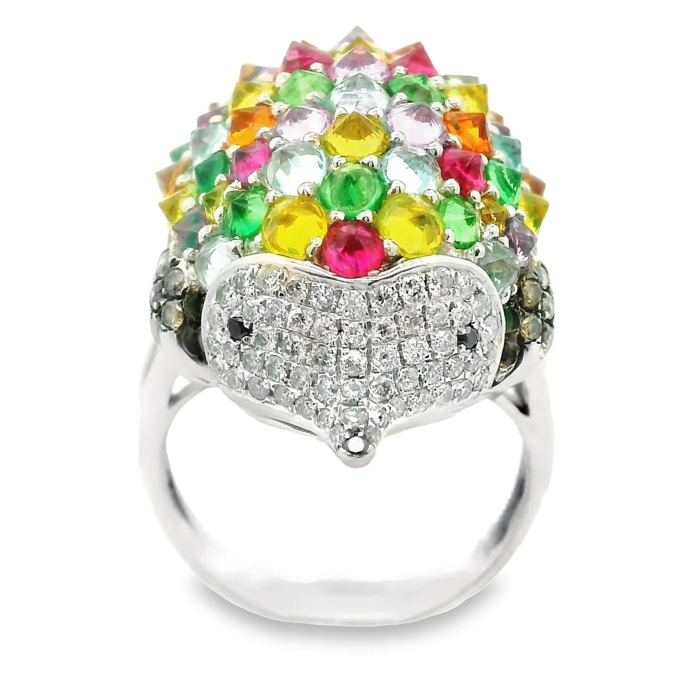 Multi-Color Gemstone Diamond 18K White Gold Hedgehog Ring