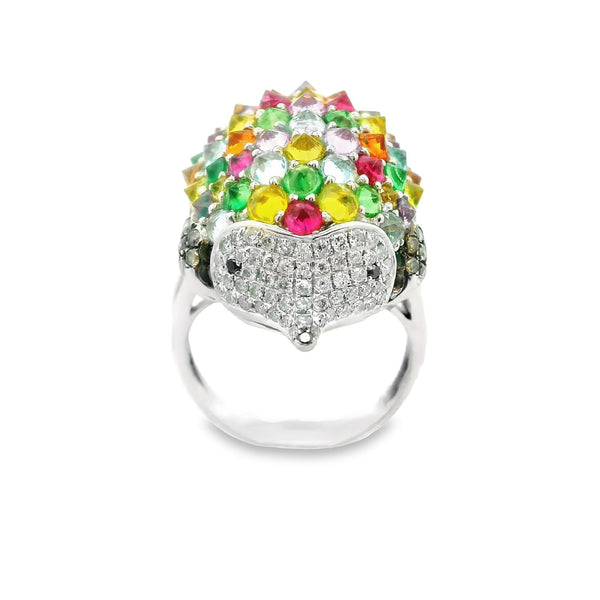Multi-Color Gemstone Diamond 18K White Gold Hedgehog Ring