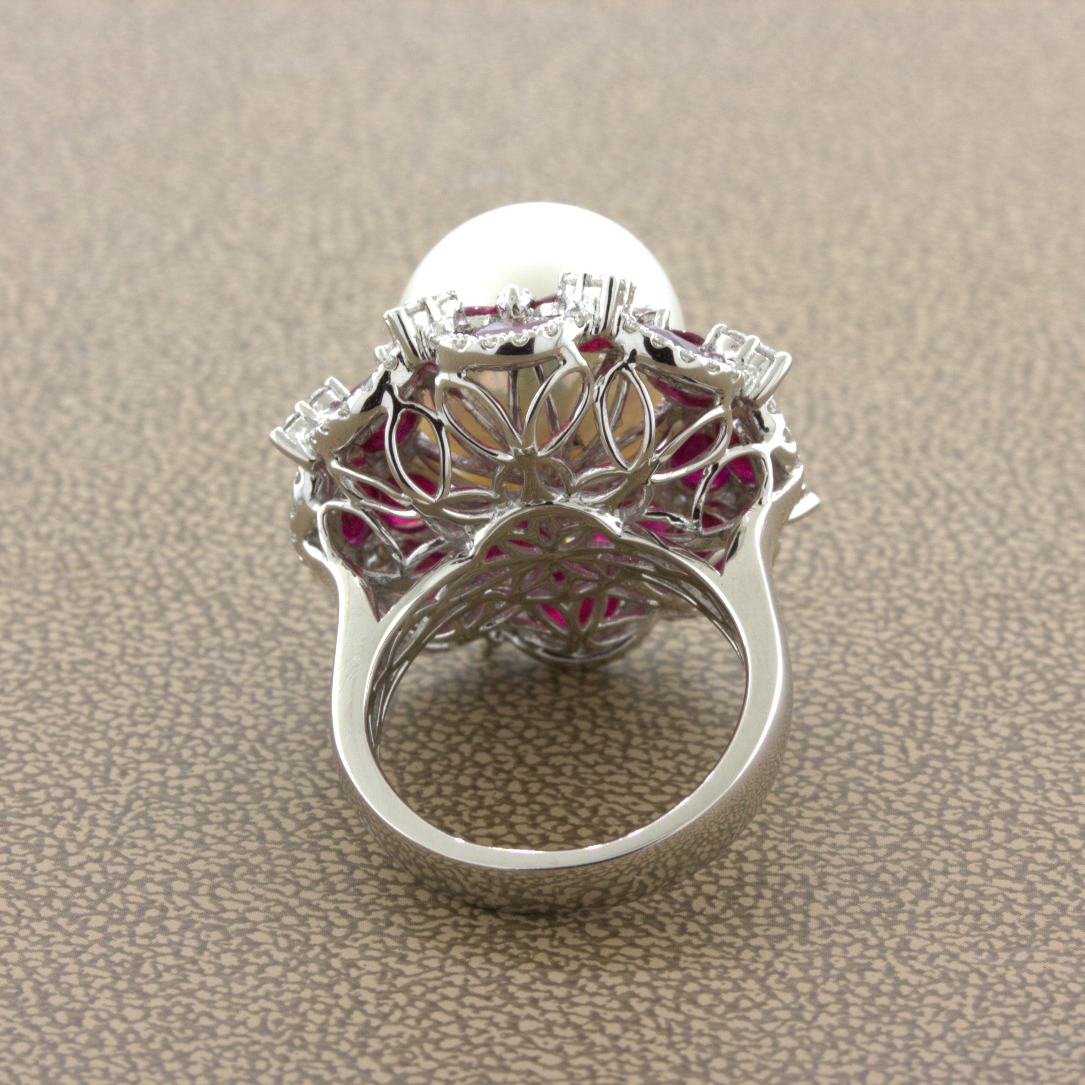 15mm South Sea Pearl Ruby Diamond 18k White Gold Cocktail Ring