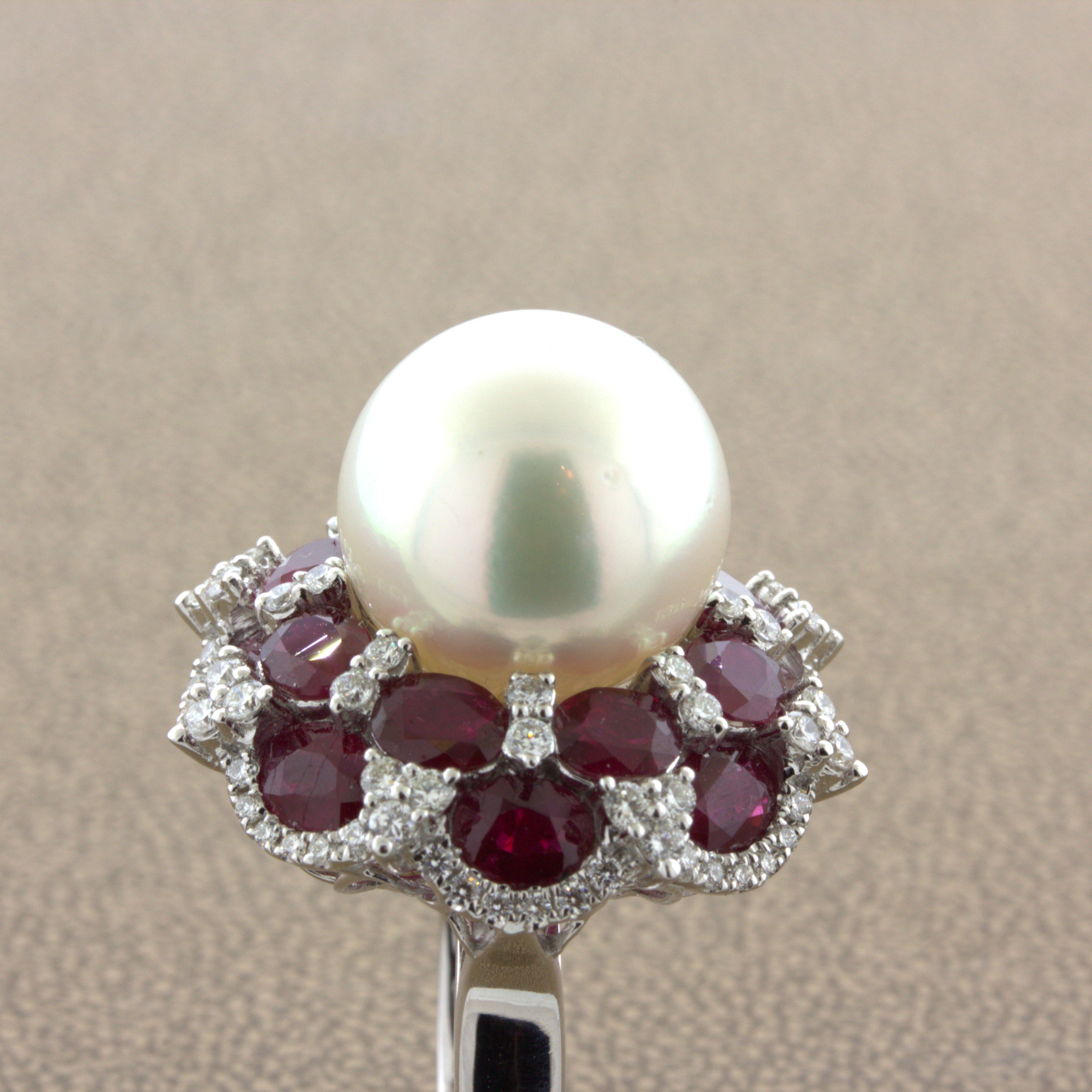 15mm South Sea Pearl Ruby Diamond 18k White Gold Cocktail Ring