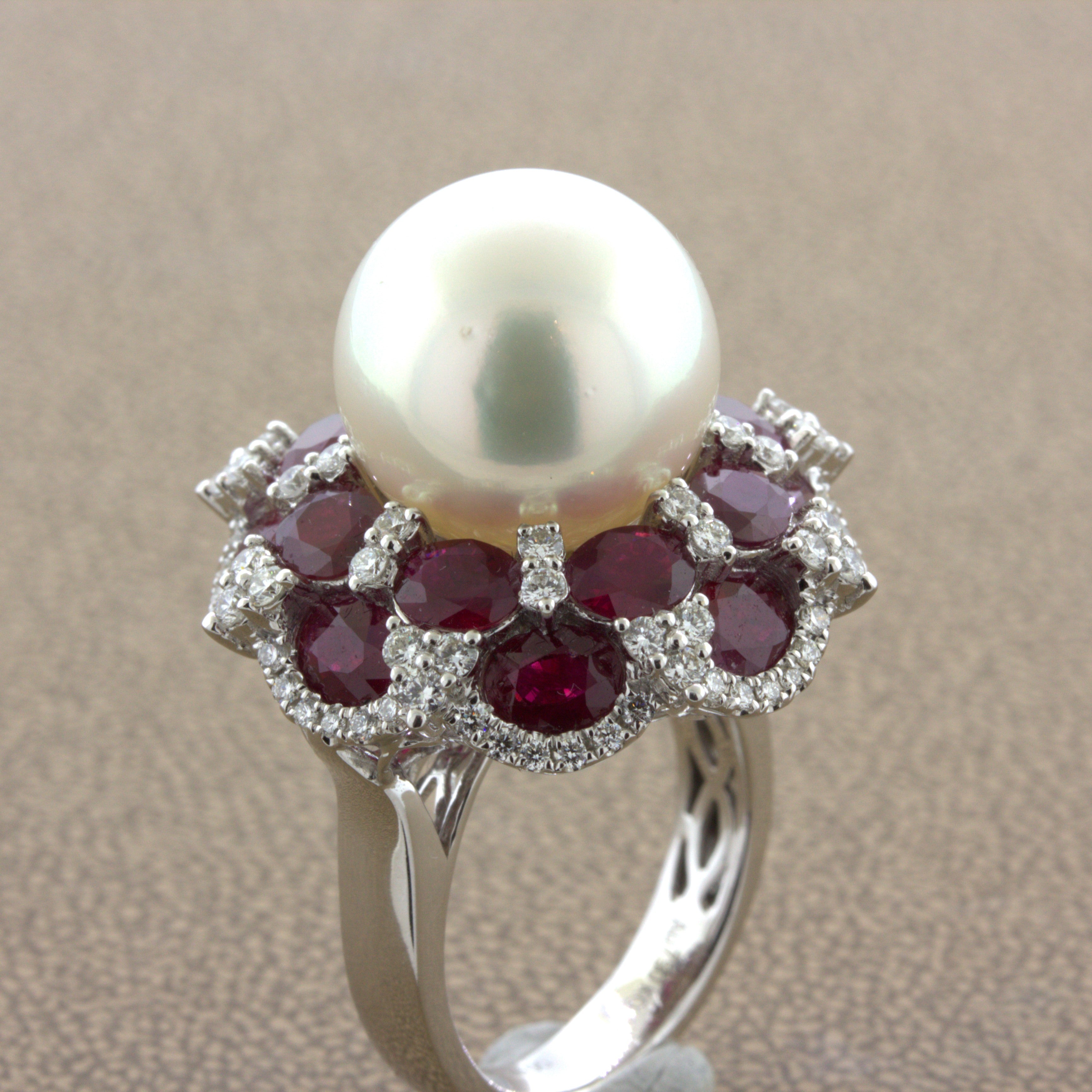 15mm South Sea Pearl Ruby Diamond 18k White Gold Cocktail Ring