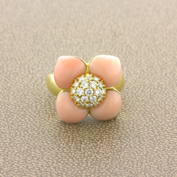 Angel-Skin Coral Diamond 18K Yellow Gold Flower Ring
