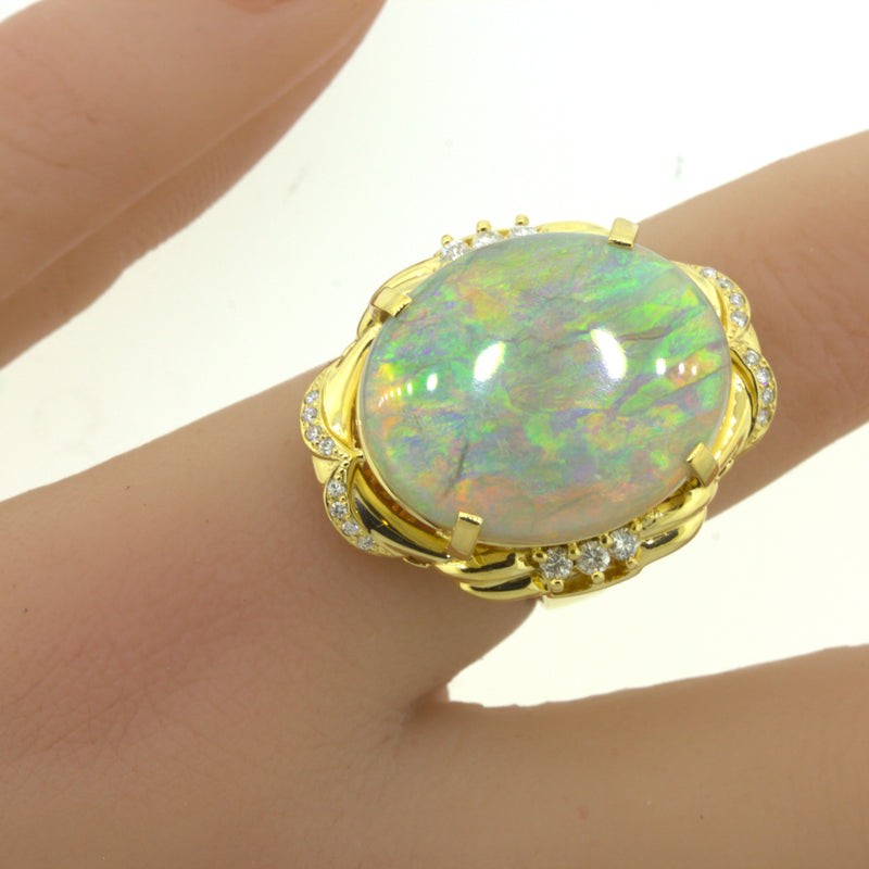 Australian Crystal Opal Diamond 18K Yellow Gold Cocktail Ring