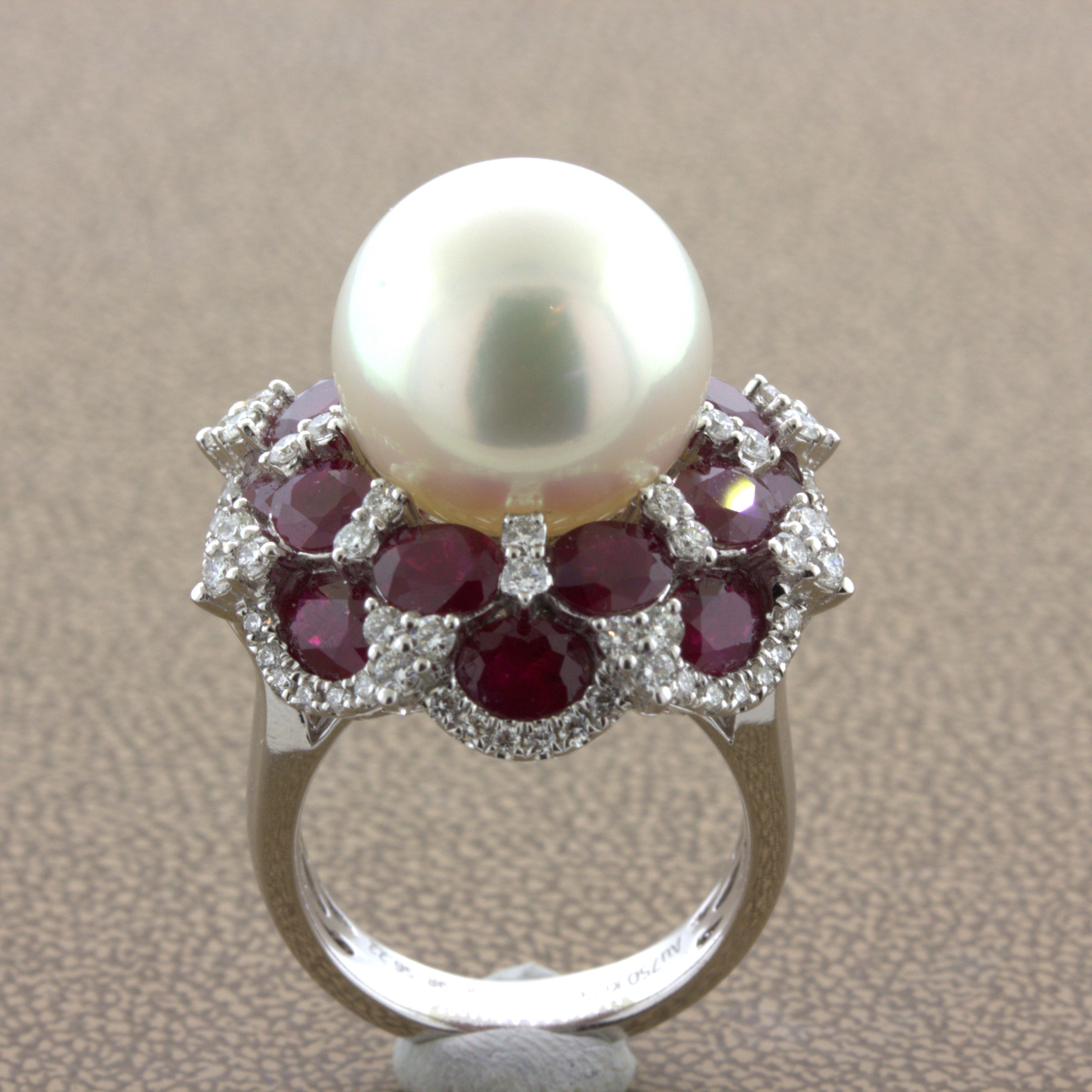 15mm South Sea Pearl Ruby Diamond 18k White Gold Cocktail Ring