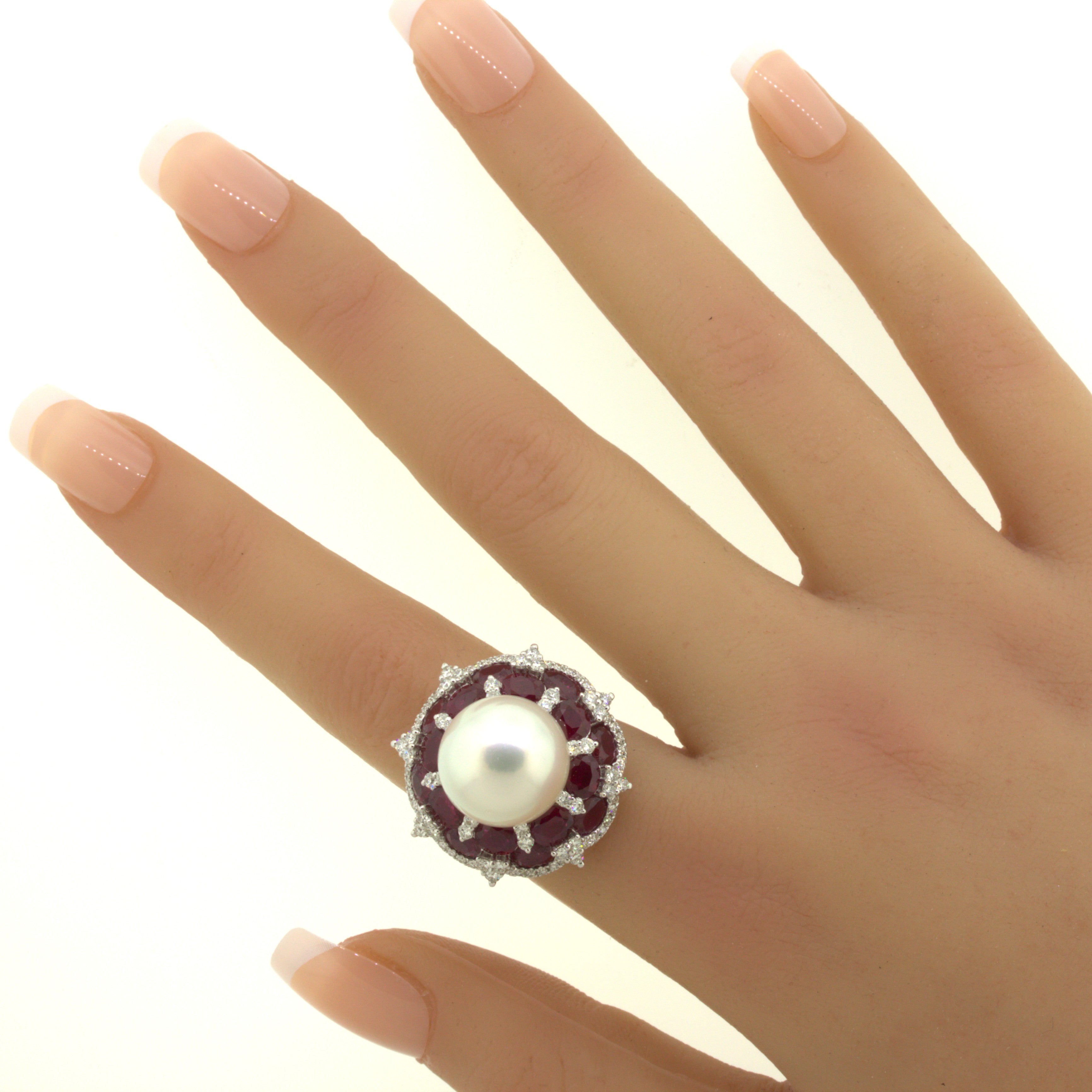 15mm South Sea Pearl Ruby Diamond 18k White Gold Cocktail Ring