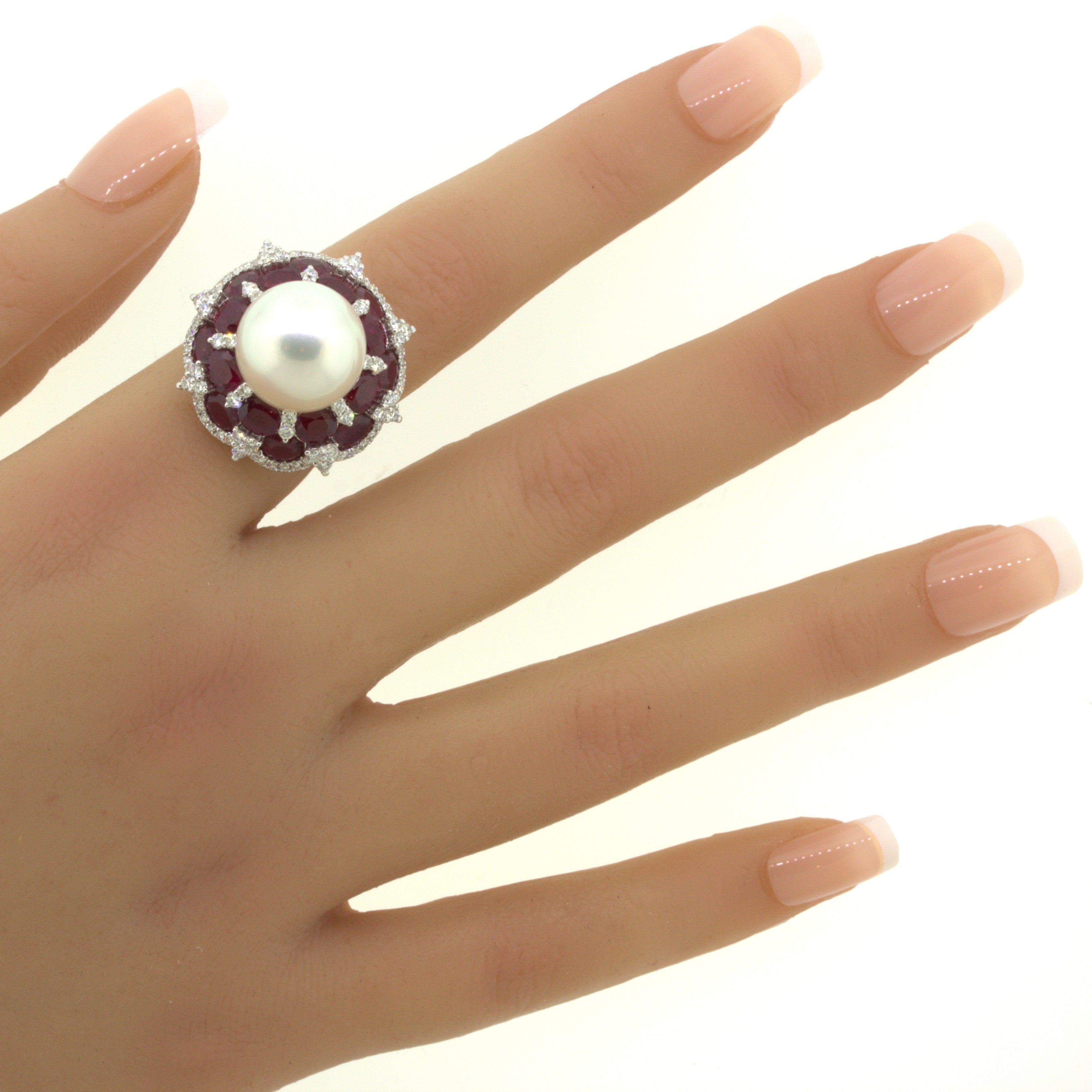 15mm South Sea Pearl Ruby Diamond 18k White Gold Cocktail Ring