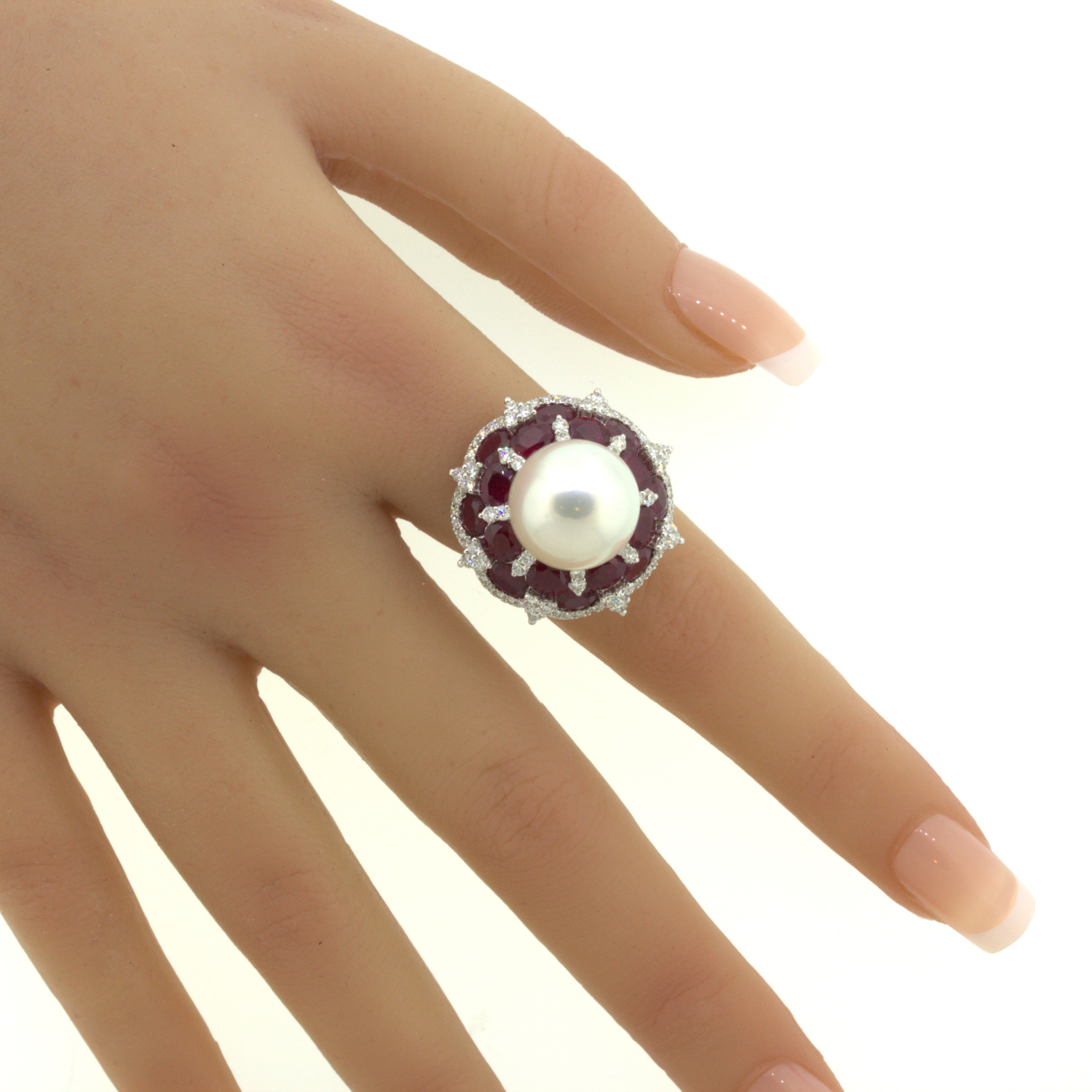 15mm South Sea Pearl Ruby Diamond 18k White Gold Cocktail Ring