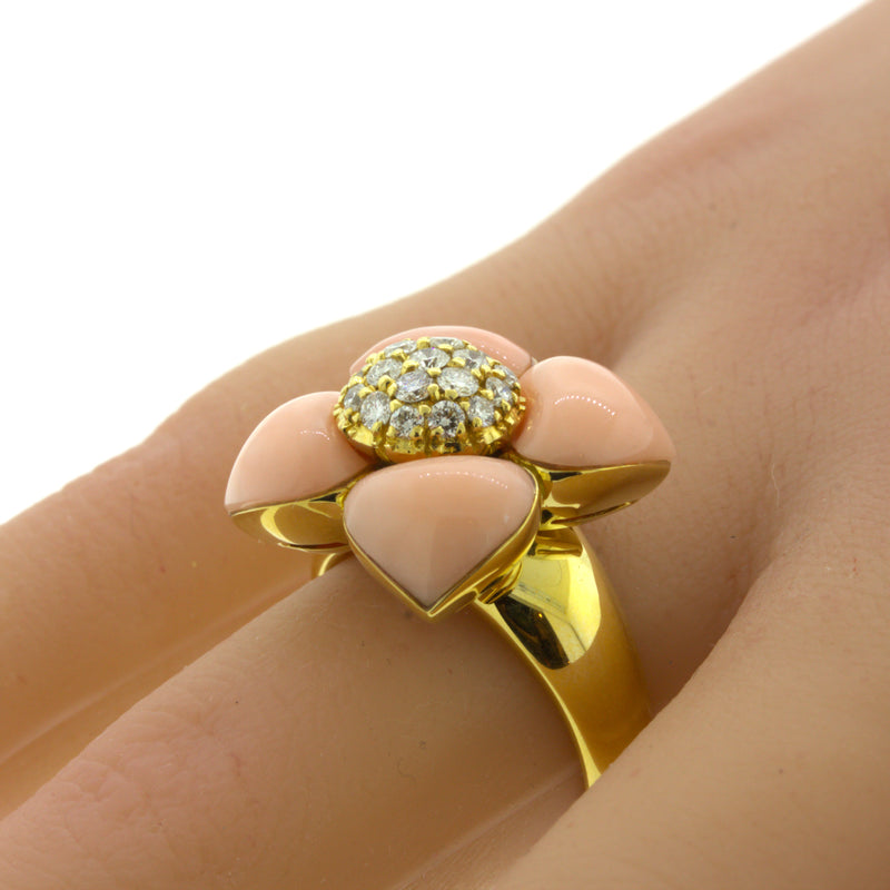 Angel-Skin Coral Diamond 18K Yellow Gold Flower Ring