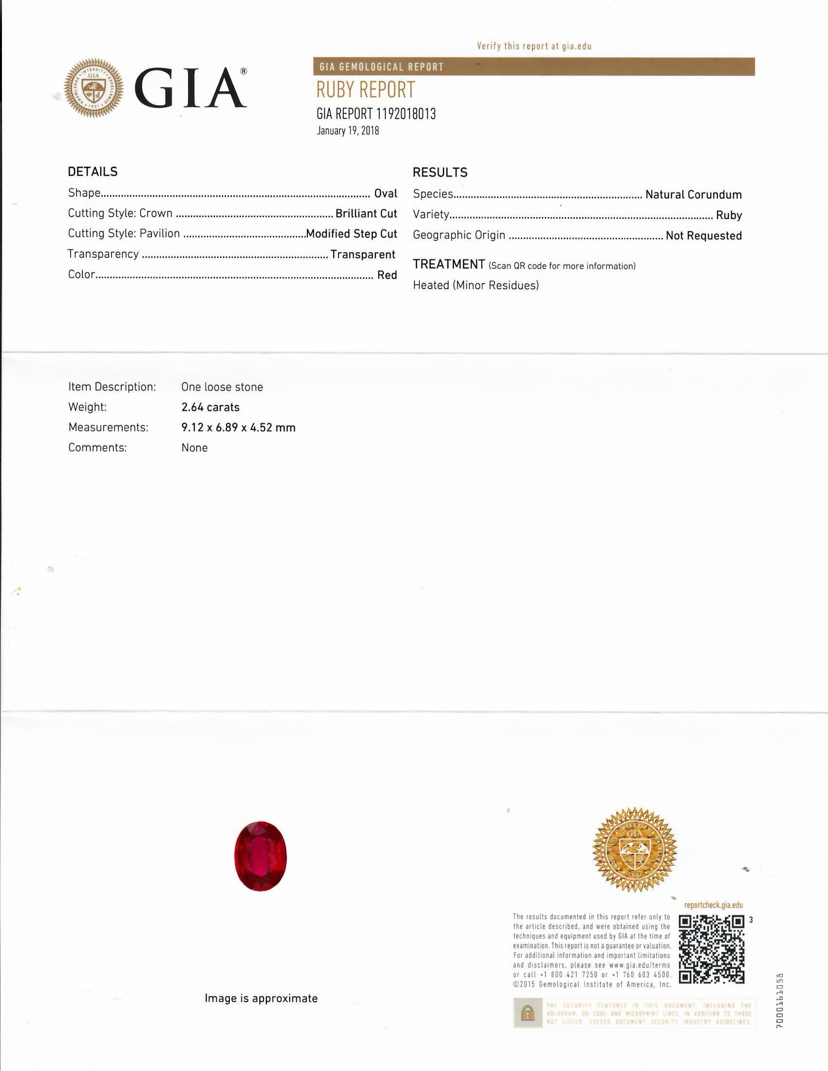2.64 Carat Ruby Diamond Platinum Ring, GIA Certified