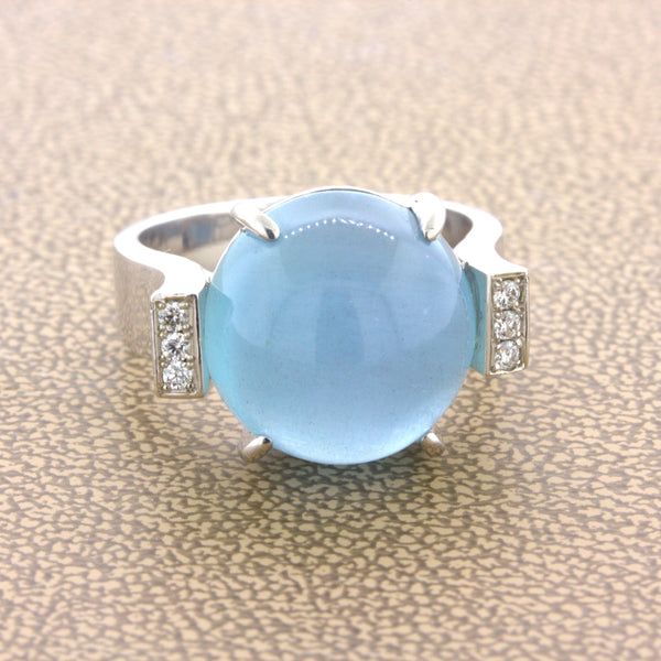 Cats Eye Aquamarine Diamond 18k White Gold Ring
