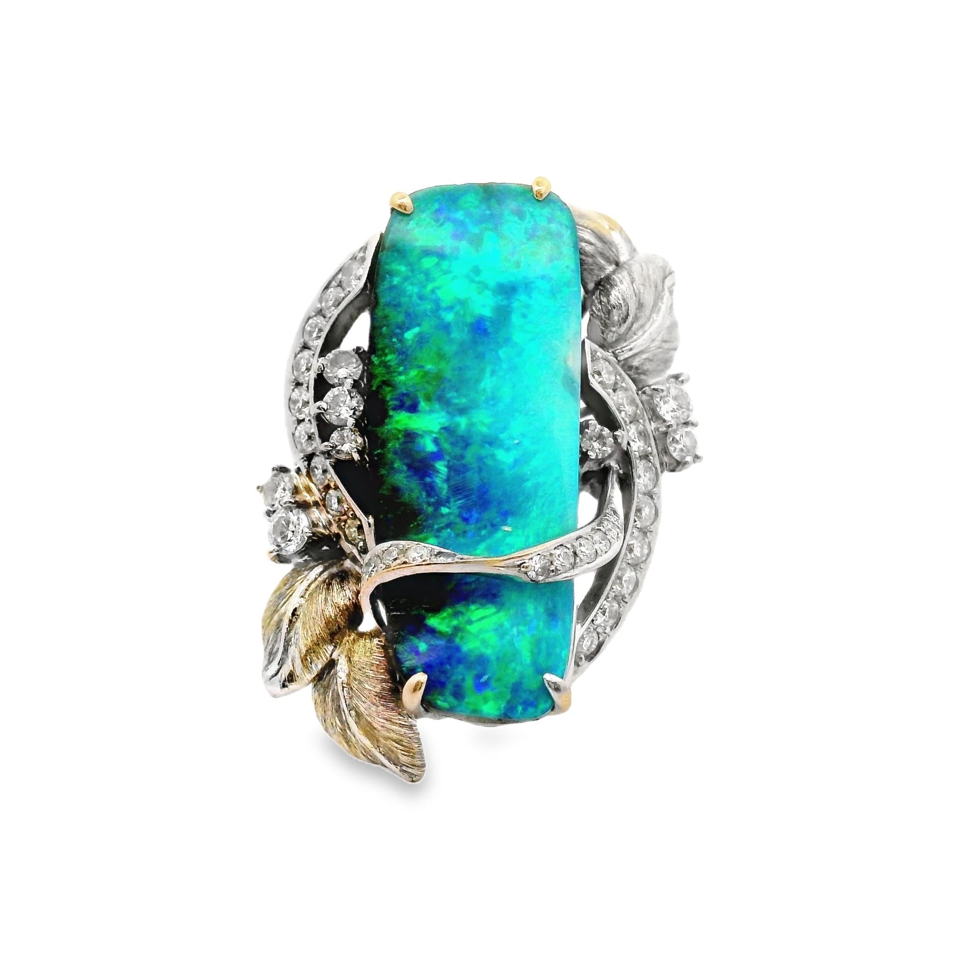 16.39 Carat Australian Boulder Opal Diamond Platinum Floral Cocktail Ring