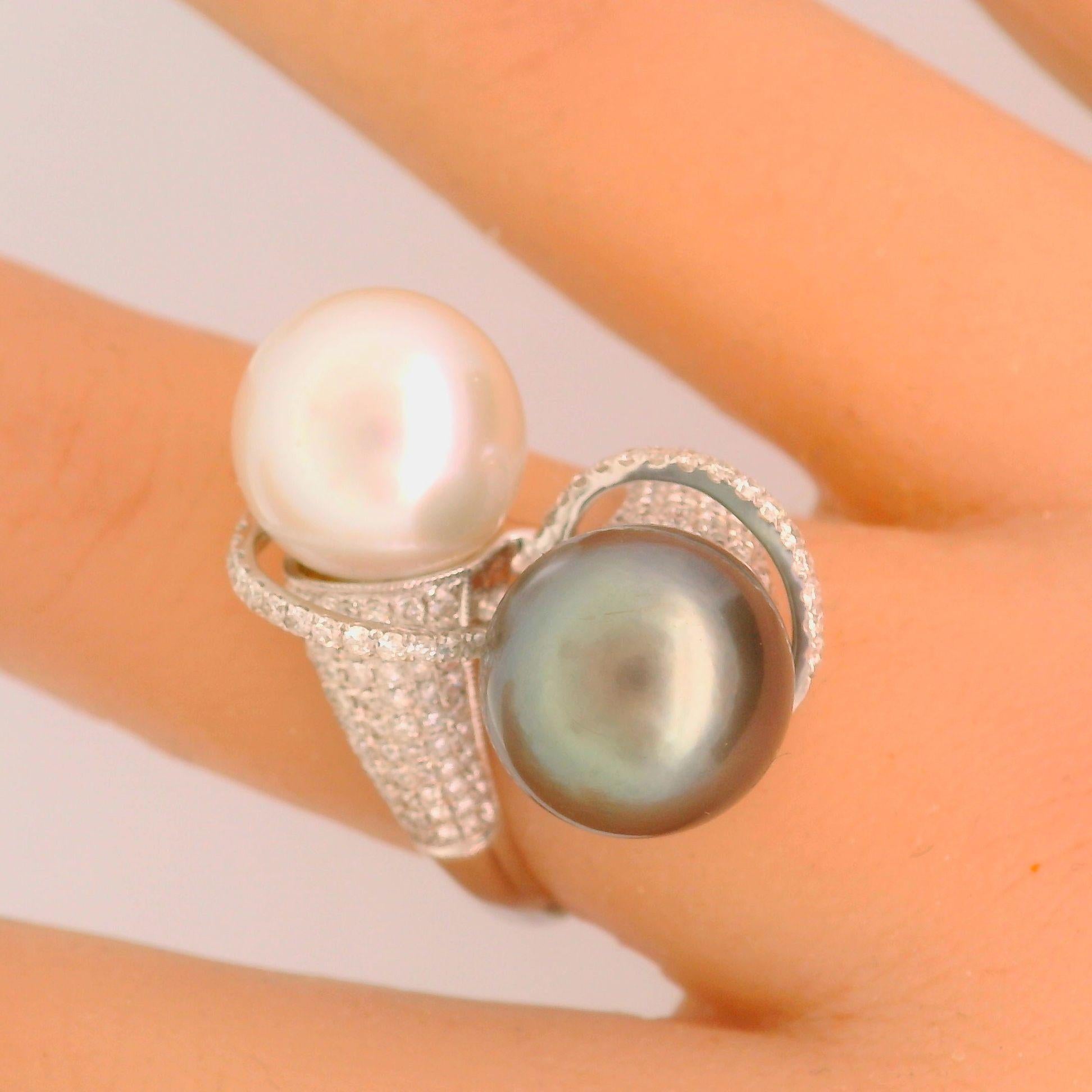 White & Tahitian Cultured Pearl Diamond 18k White Gold Bypass Ring