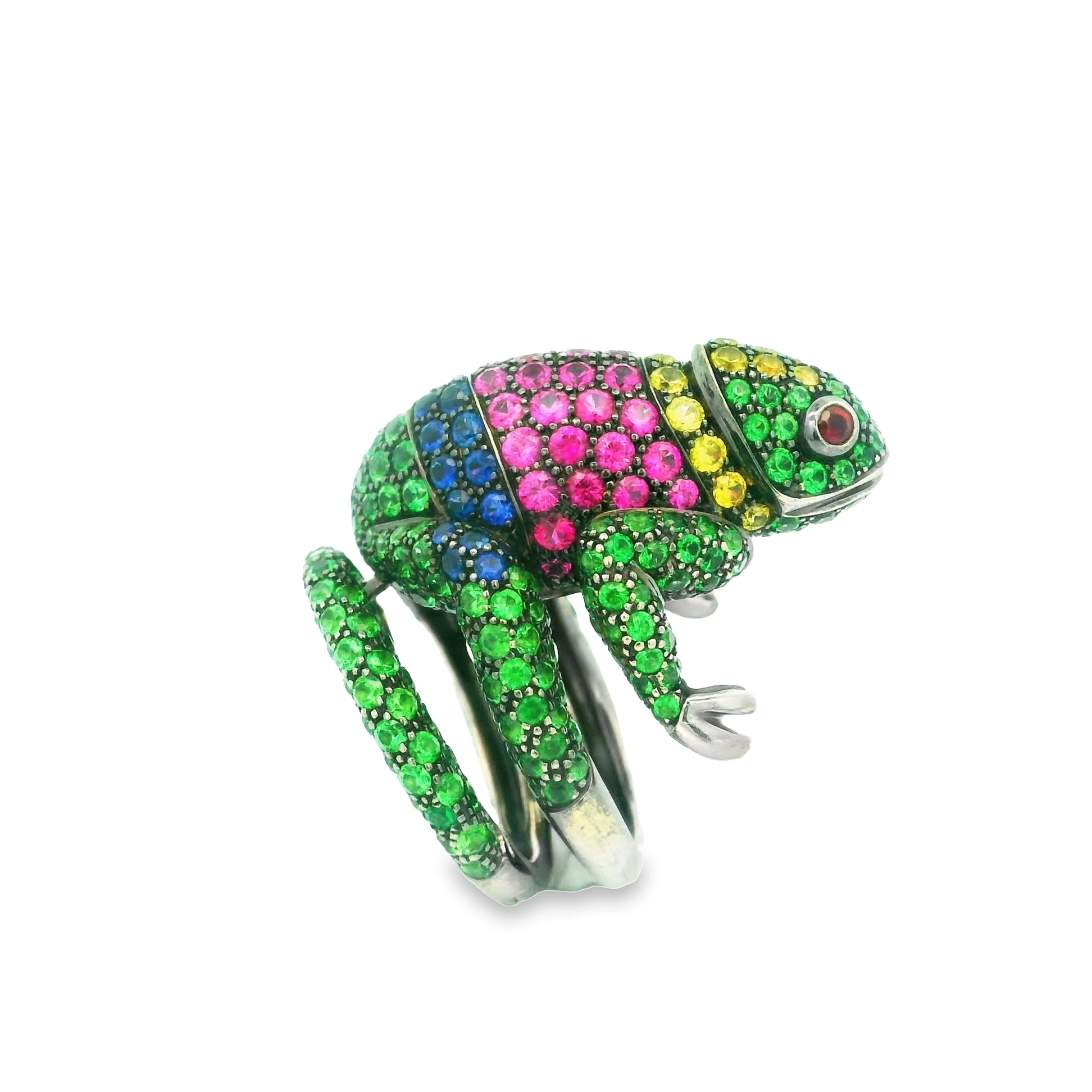 Boucheron “Masy the Chameleon” Tsavorite Sapphire Ruby Gold Animal Ring, French