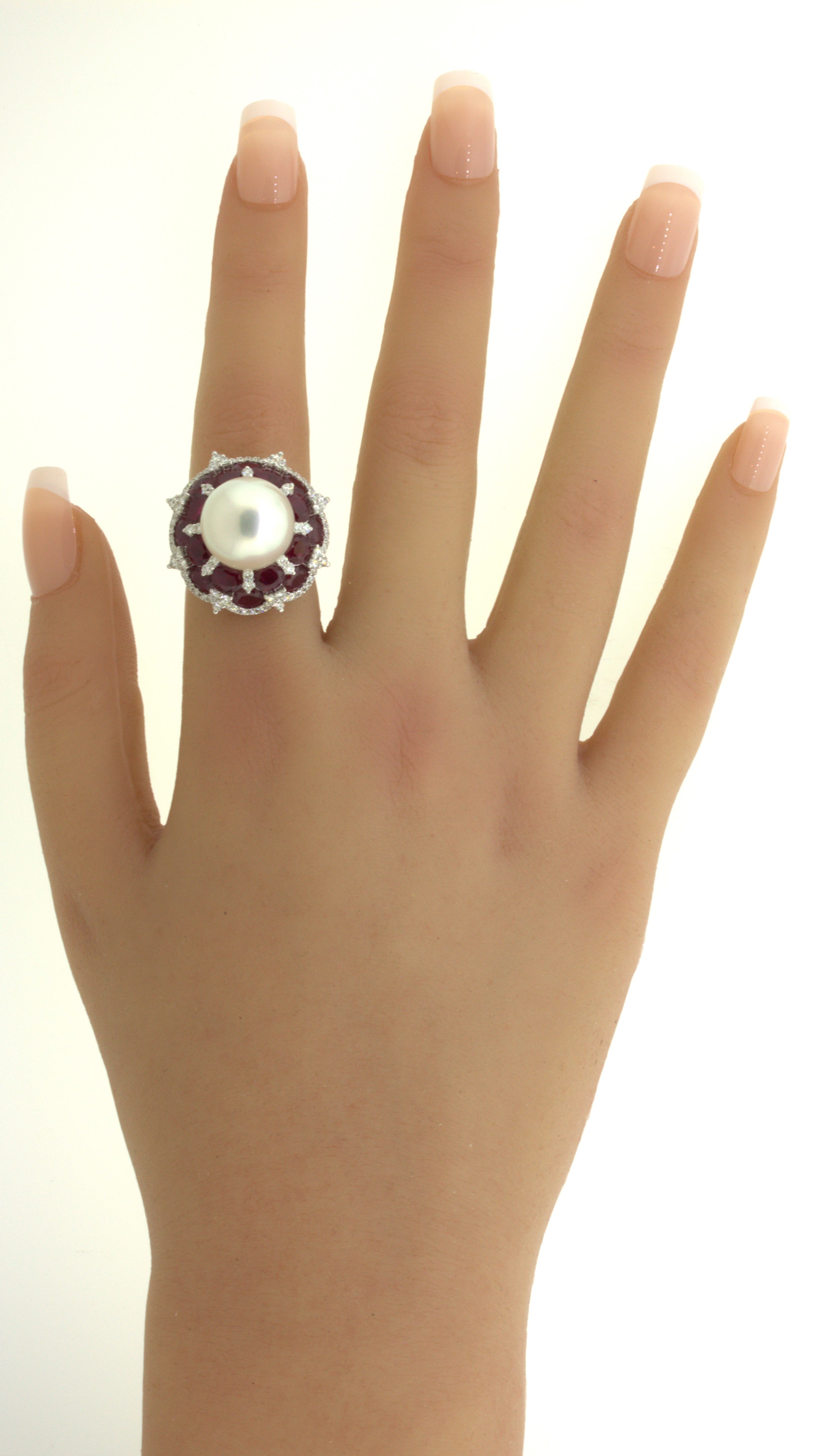 15mm South Sea Pearl Ruby Diamond 18k White Gold Cocktail Ring