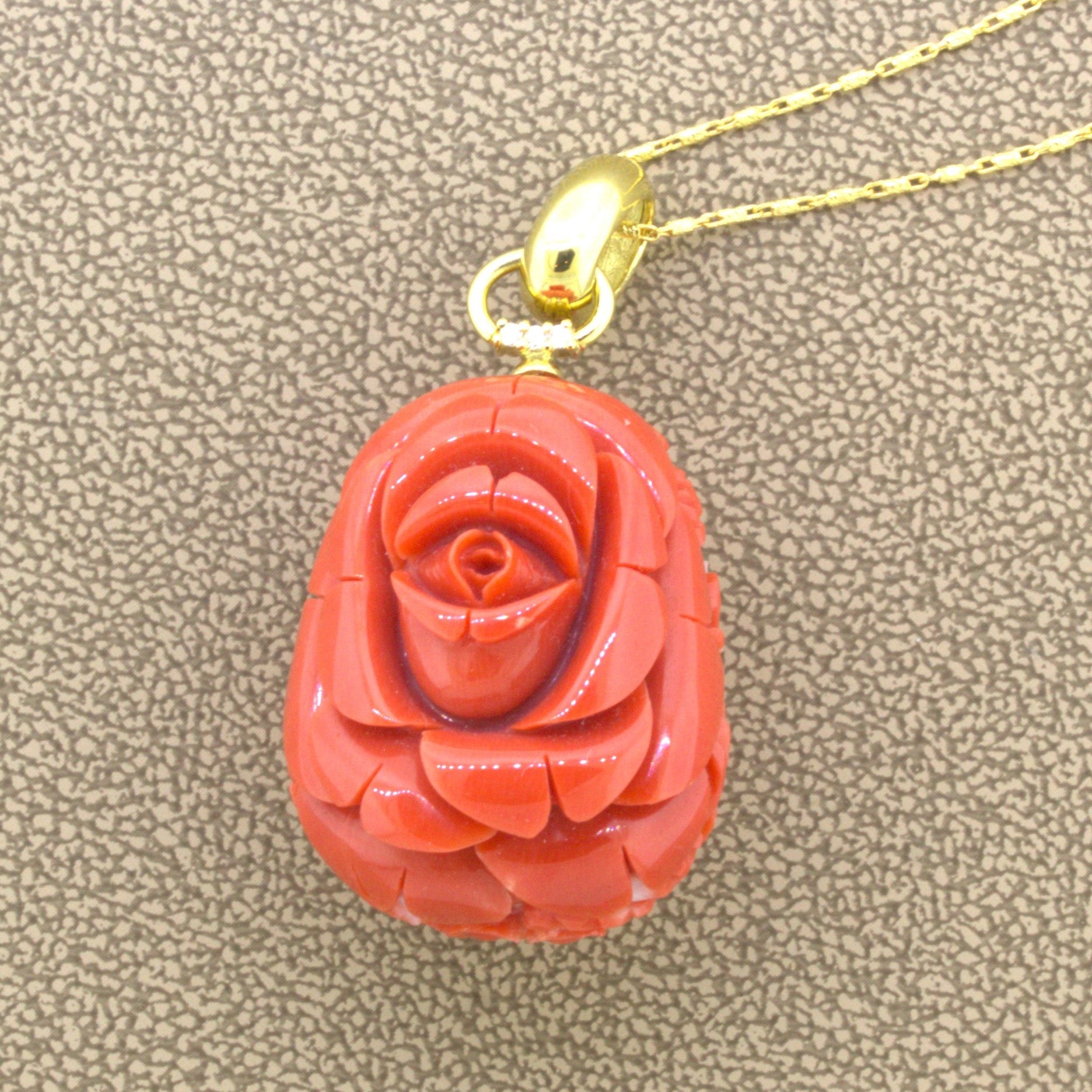 Carved Red Coral Diamond 18K Yellow Gold Floral-Motif Pendant
