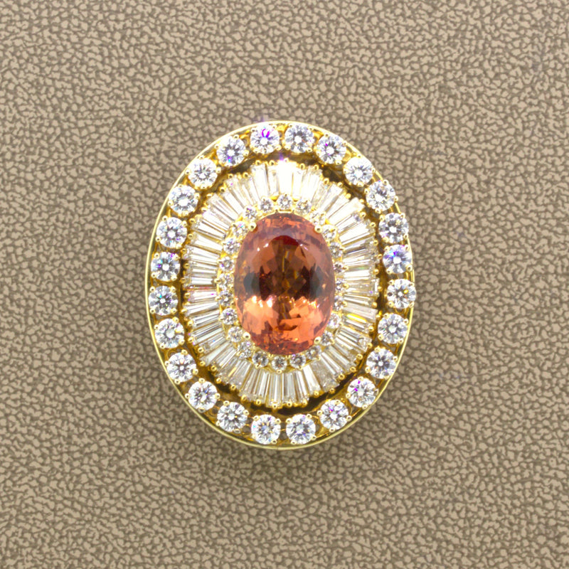 Superb Imperial Topaz Diamond 18K Yellow Gold Brooch, AGL Certified
