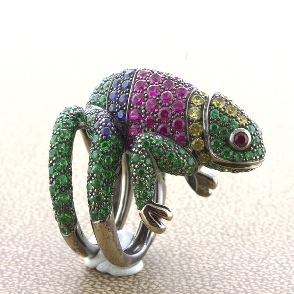 Boucheron “Masy the Chameleon” Tsavorite Sapphire Ruby Gold Animal Ring, French