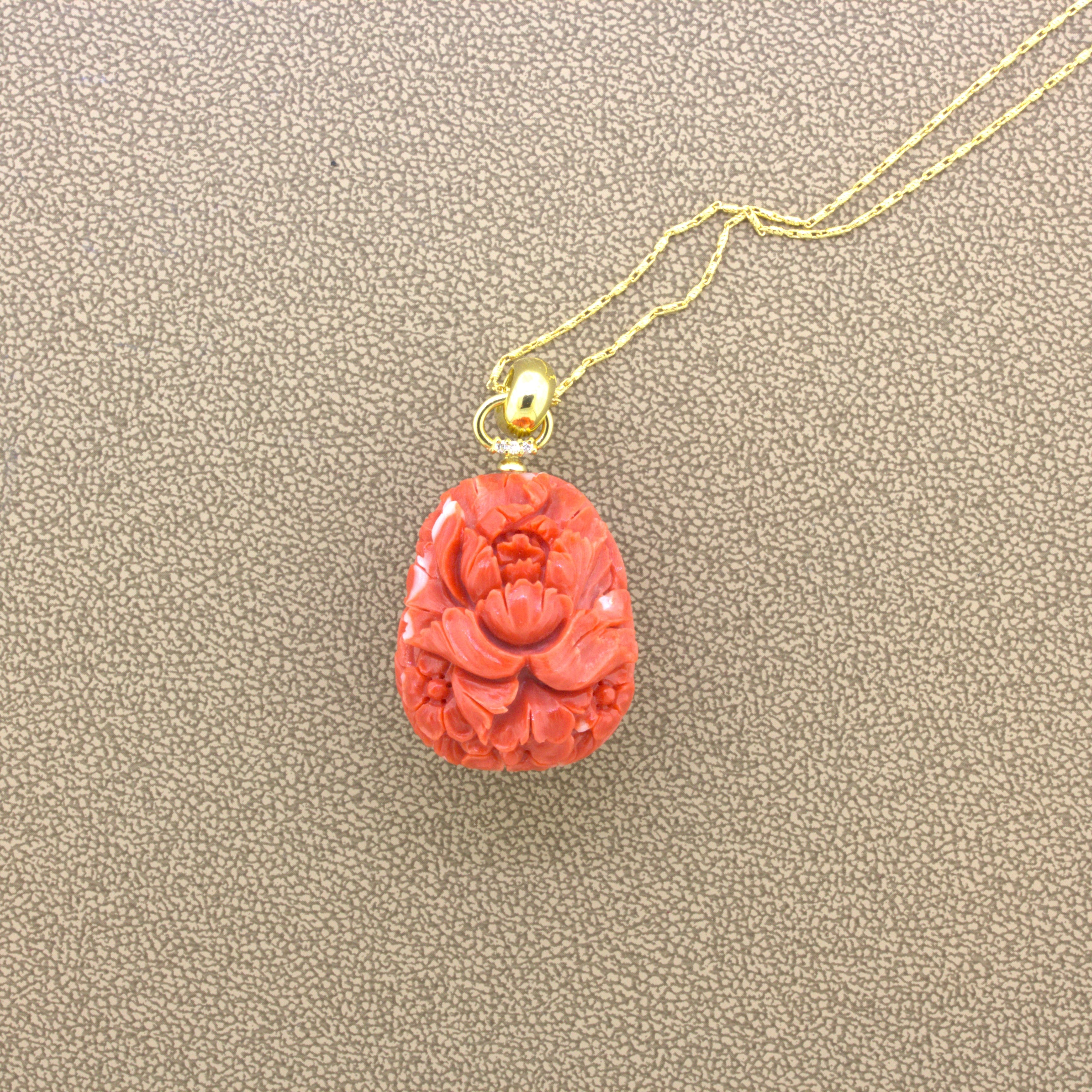 Carved Red Coral Diamond 18K Yellow Gold Floral-Motif Pendant