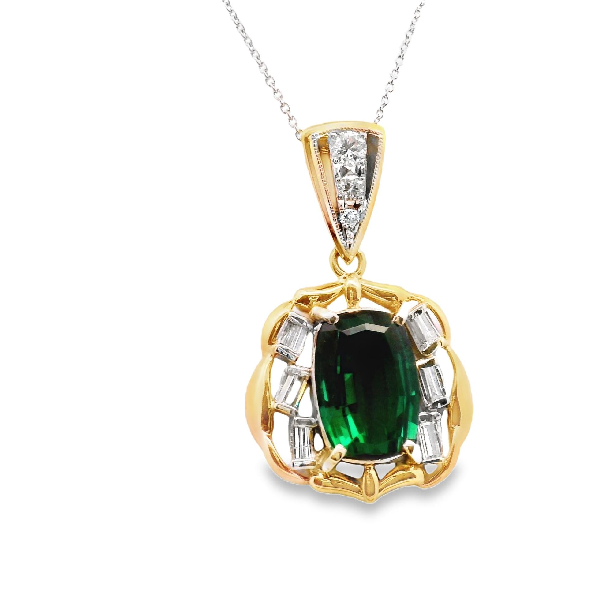 Blue-Green Tourmaline Diamond Platinum & 18k Yellow Gold Pendant