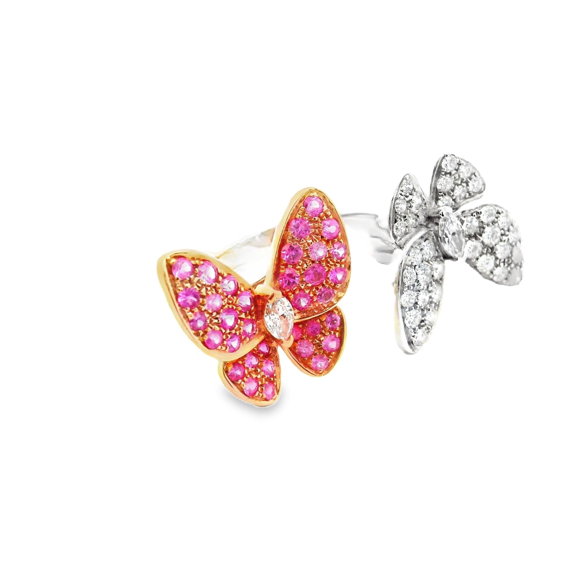 Diamond & Pink Sapphire 18k White Gold Twin Butterfly Ring