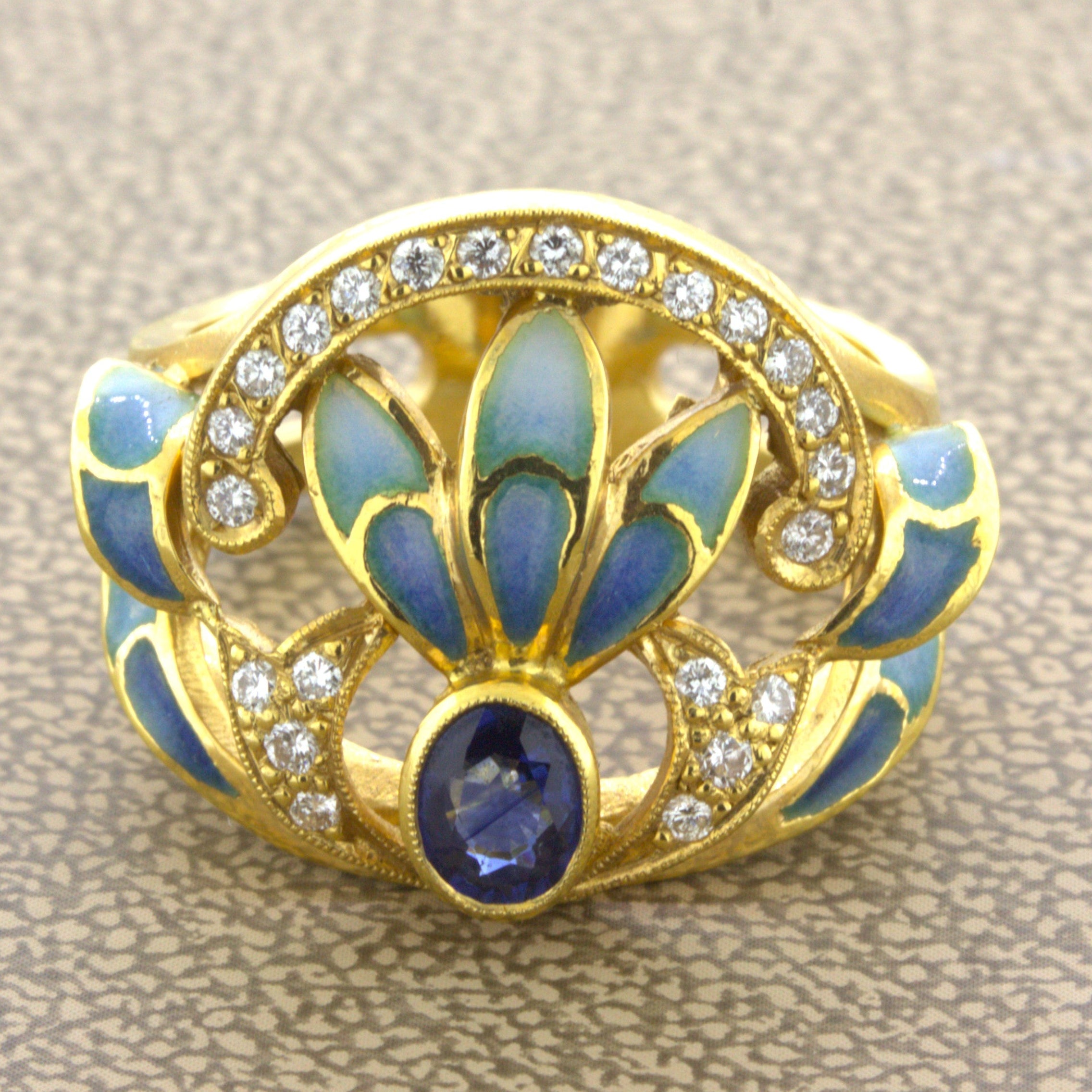 Masriera Diamond Sapphire Enamel 18K Yellow Gold Ring