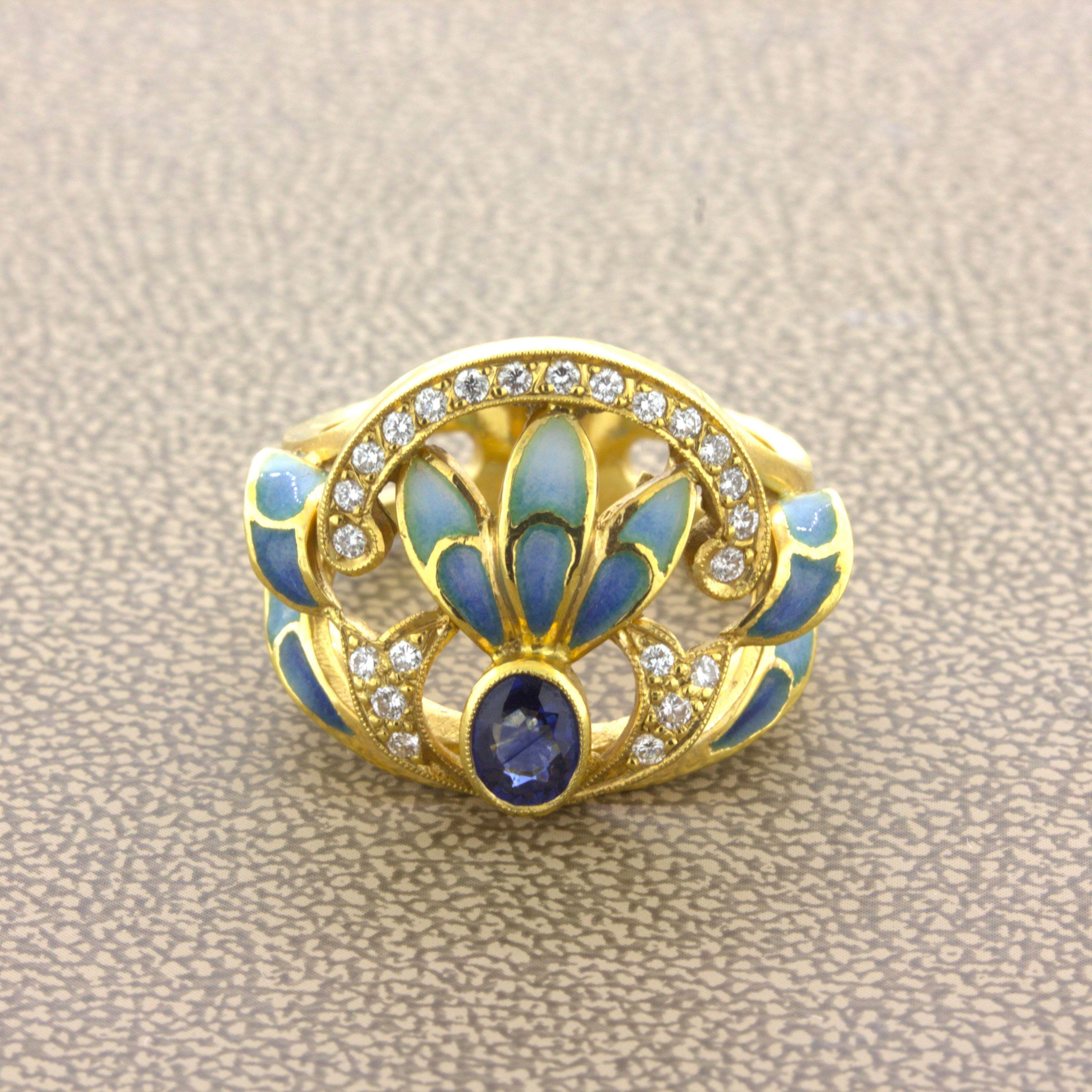 Masriera Diamond Sapphire Enamel 18K Yellow Gold Ring