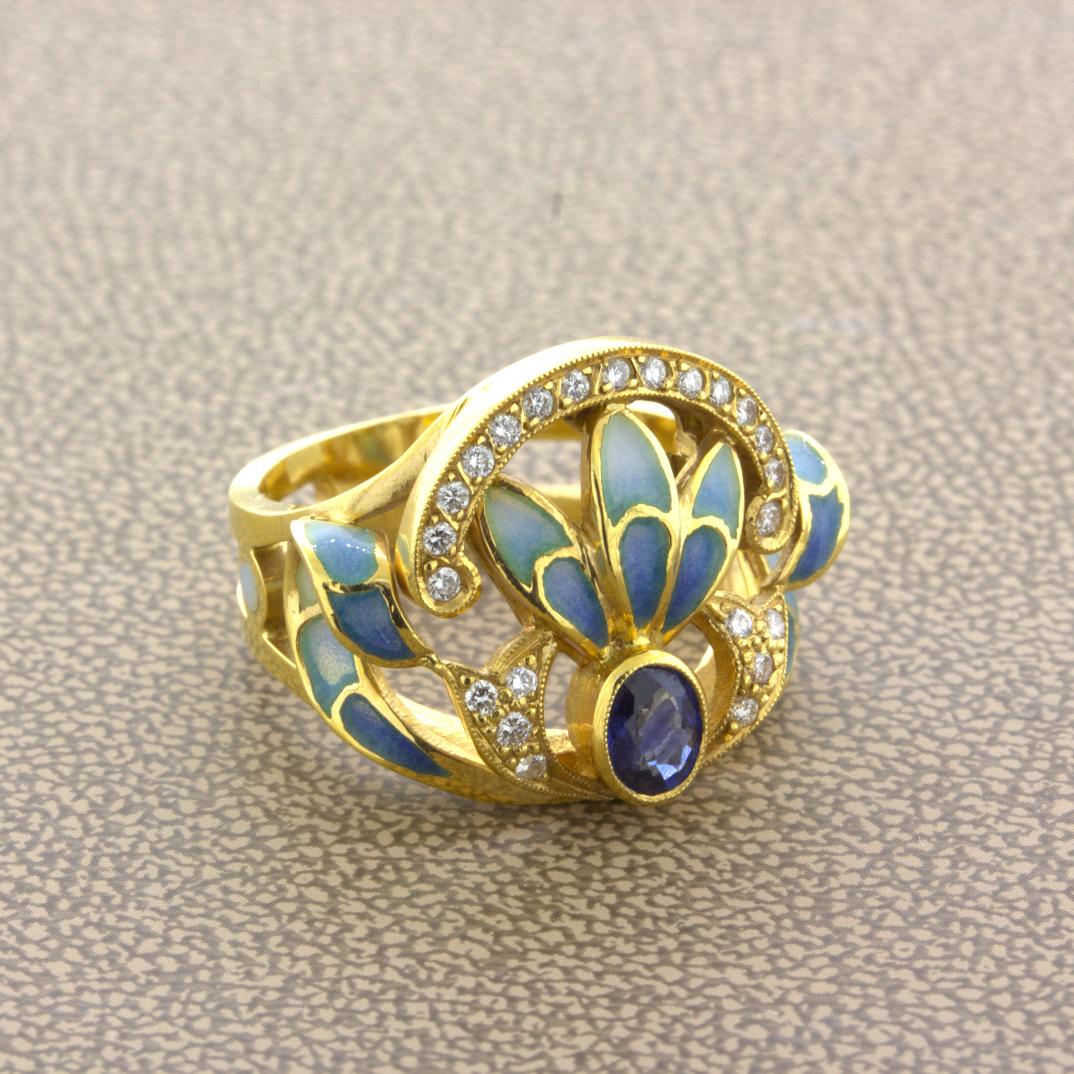 Masriera Diamond Sapphire Enamel 18K Yellow Gold Ring