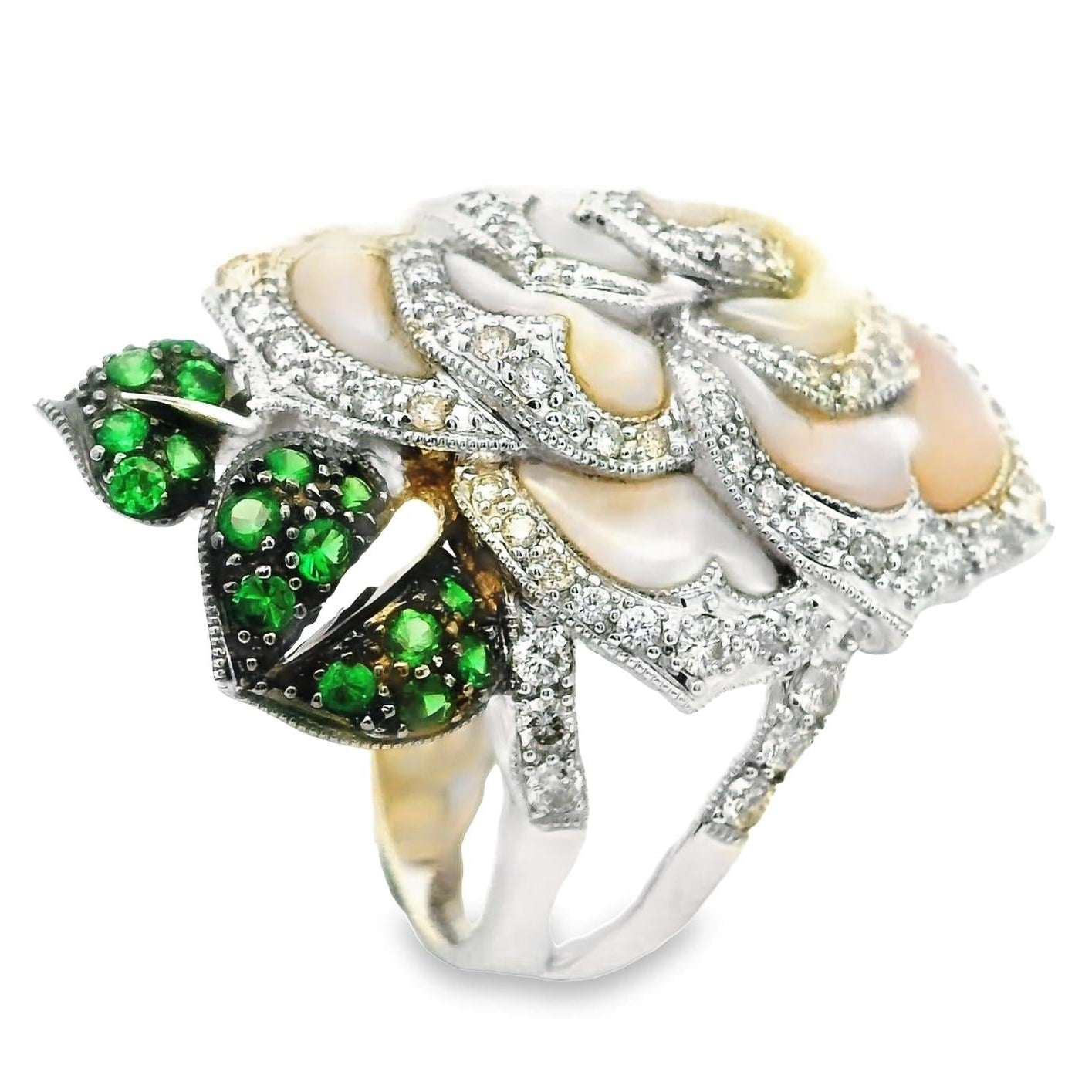 Mother-of-Pearl Diamond Tsavorite 18k White Gold Rose Flower Ring