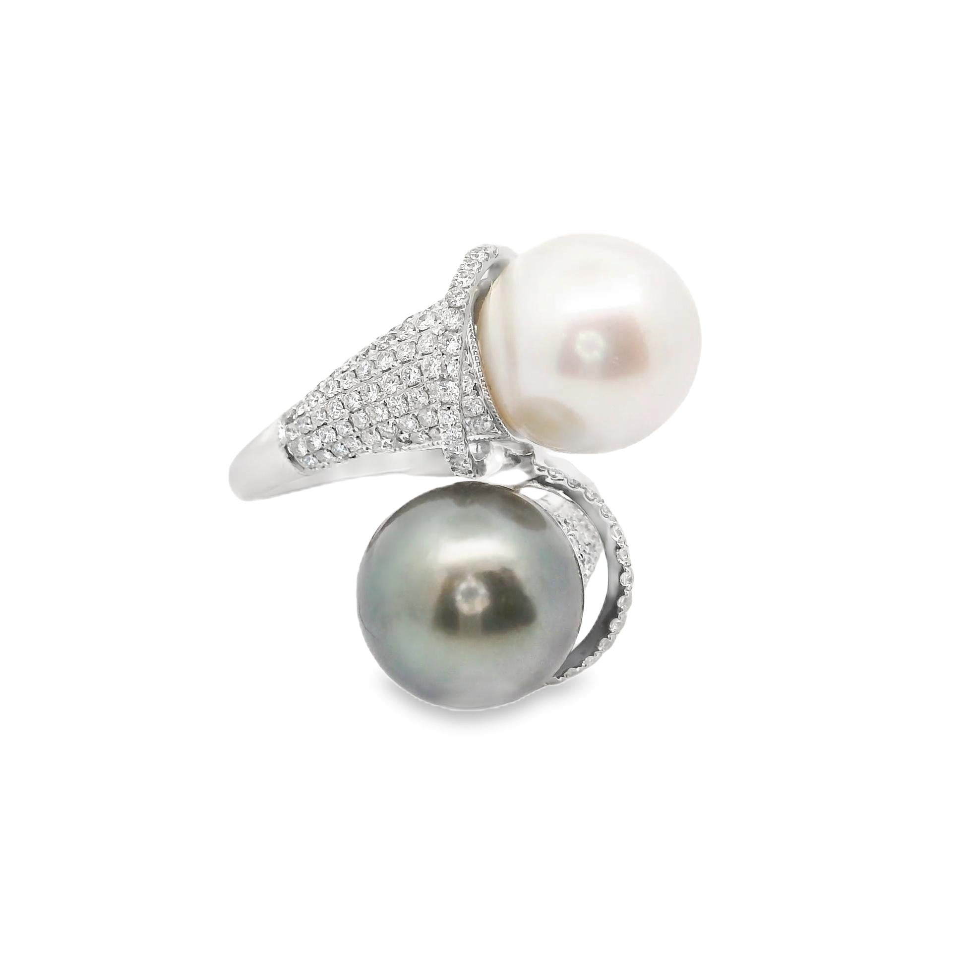 White & Tahitian Cultured Pearl Diamond 18k White Gold Bypass Ring