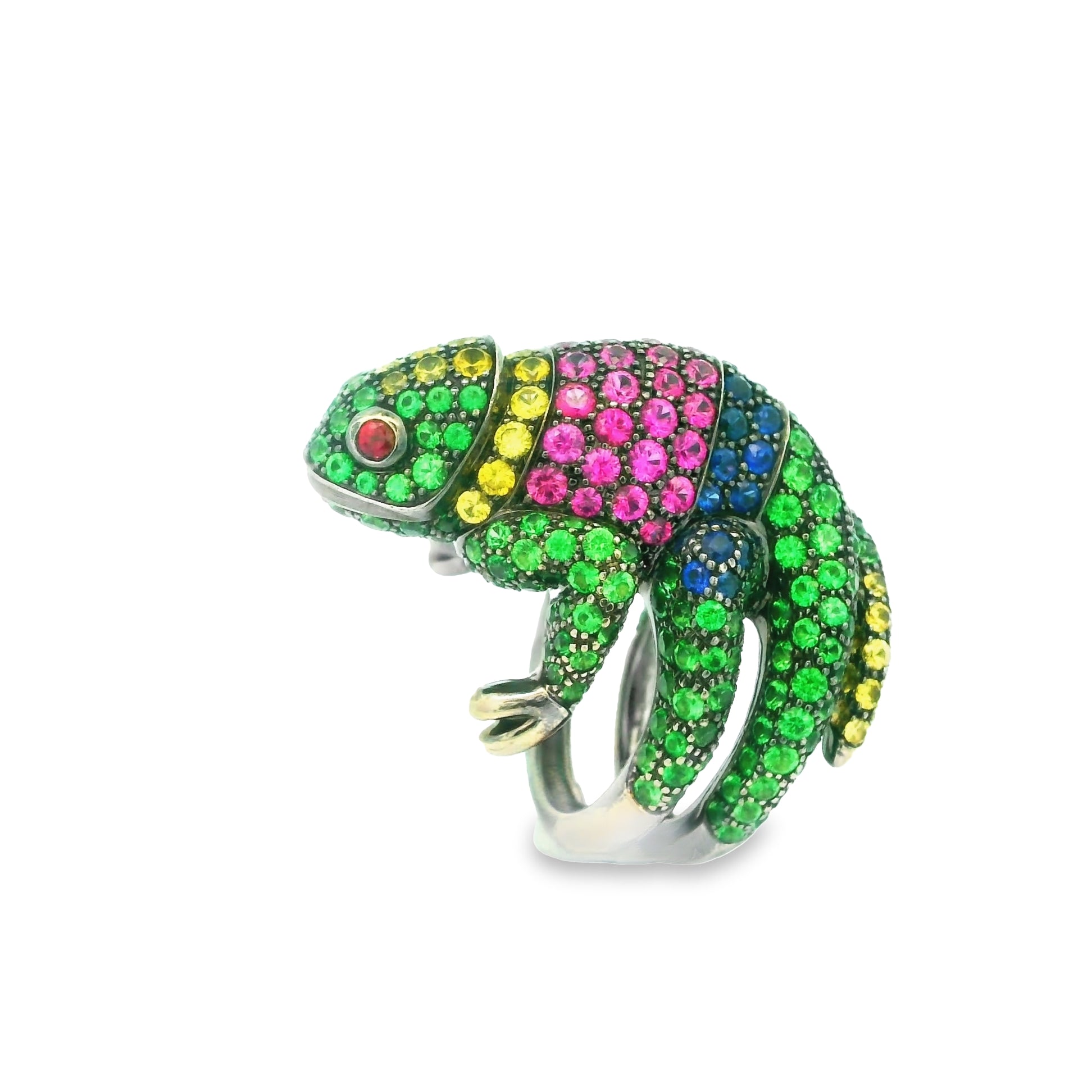 Boucheron “Masy the Chameleon” Tsavorite Sapphire Ruby Gold Animal Ring, French