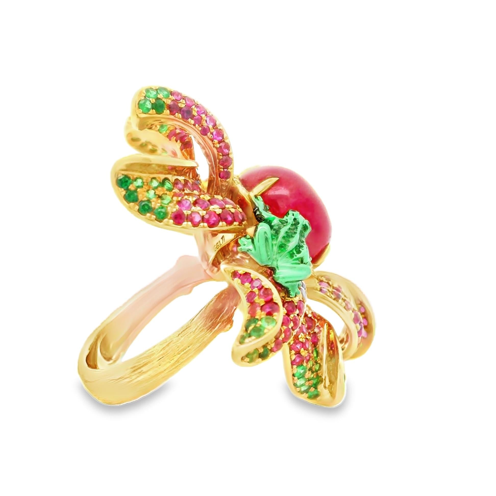 Ruby Tsavorite-Garnet Diamond 18k Rose Gold Floral-Frog Cocktail Ring