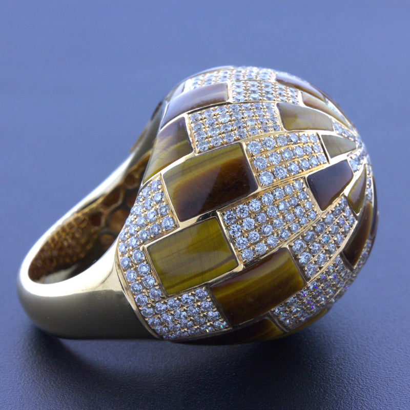 Tigers Eye Diamond Gold Dome Cocktail Ring