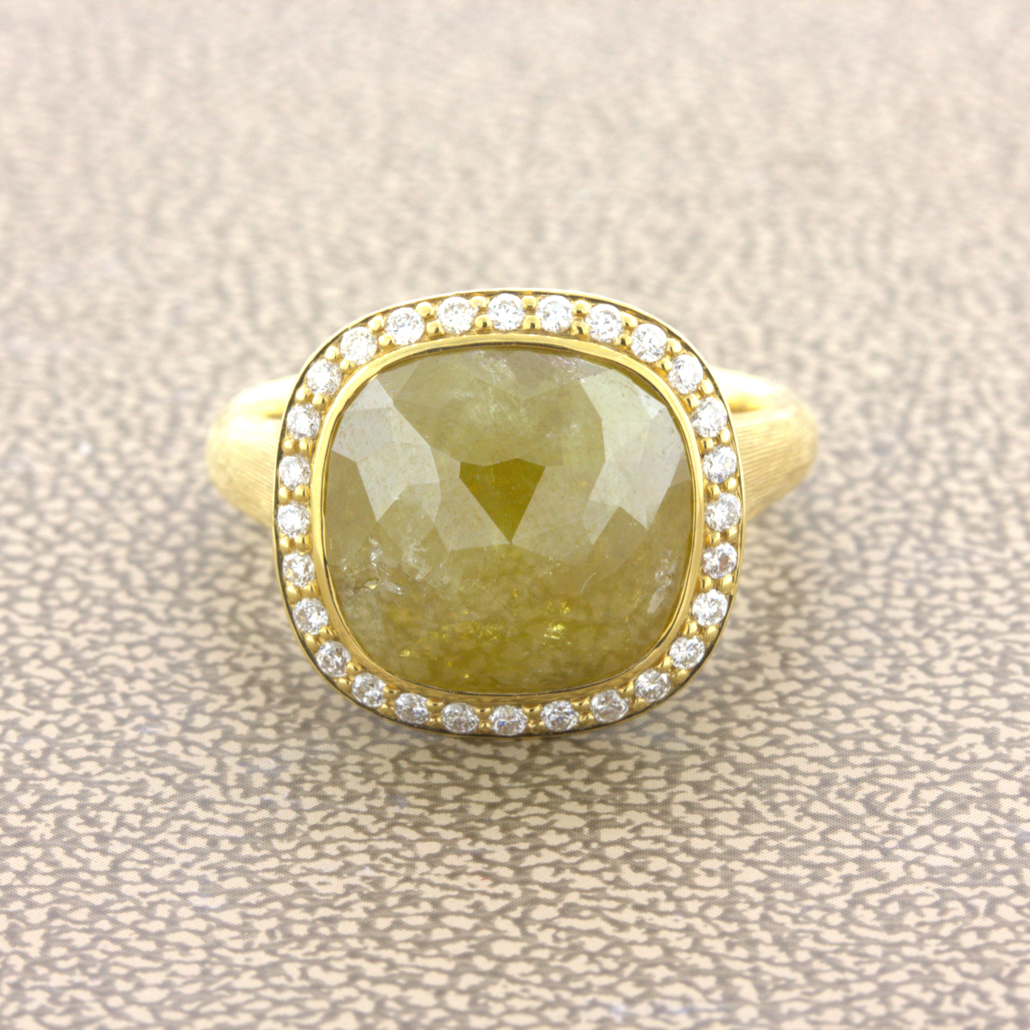 8.75 Carat Fancy Yellow Rose-cut Diamond Halo 18k Yellow Gold Ring