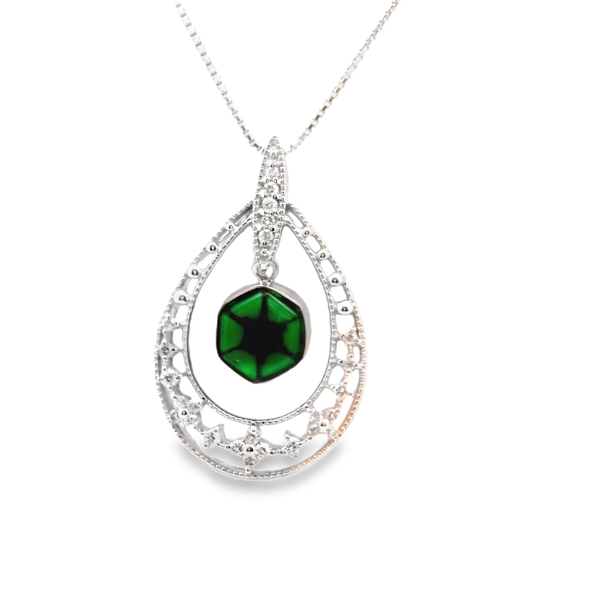 Trapiche Emerald Diamond 18k White Gold Necklace Pendant