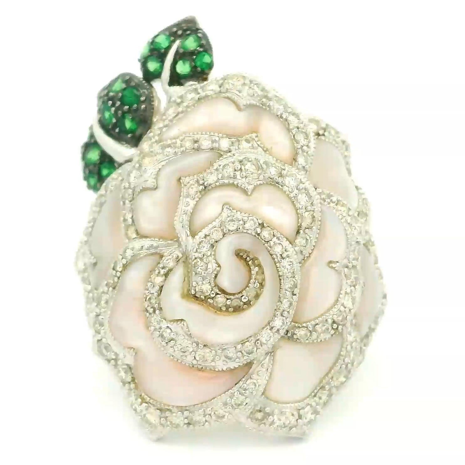 Mother-of-Pearl Diamond Tsavorite 18k White Gold Rose Flower Ring