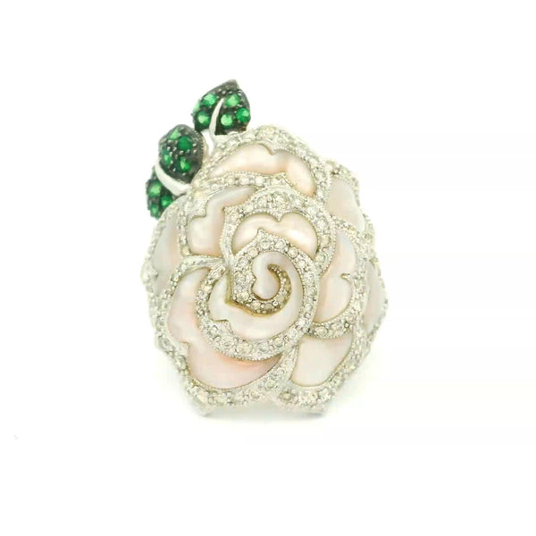 Mother-of-Pearl Diamond Tsavorite 18k White Gold Rose Flower Ring