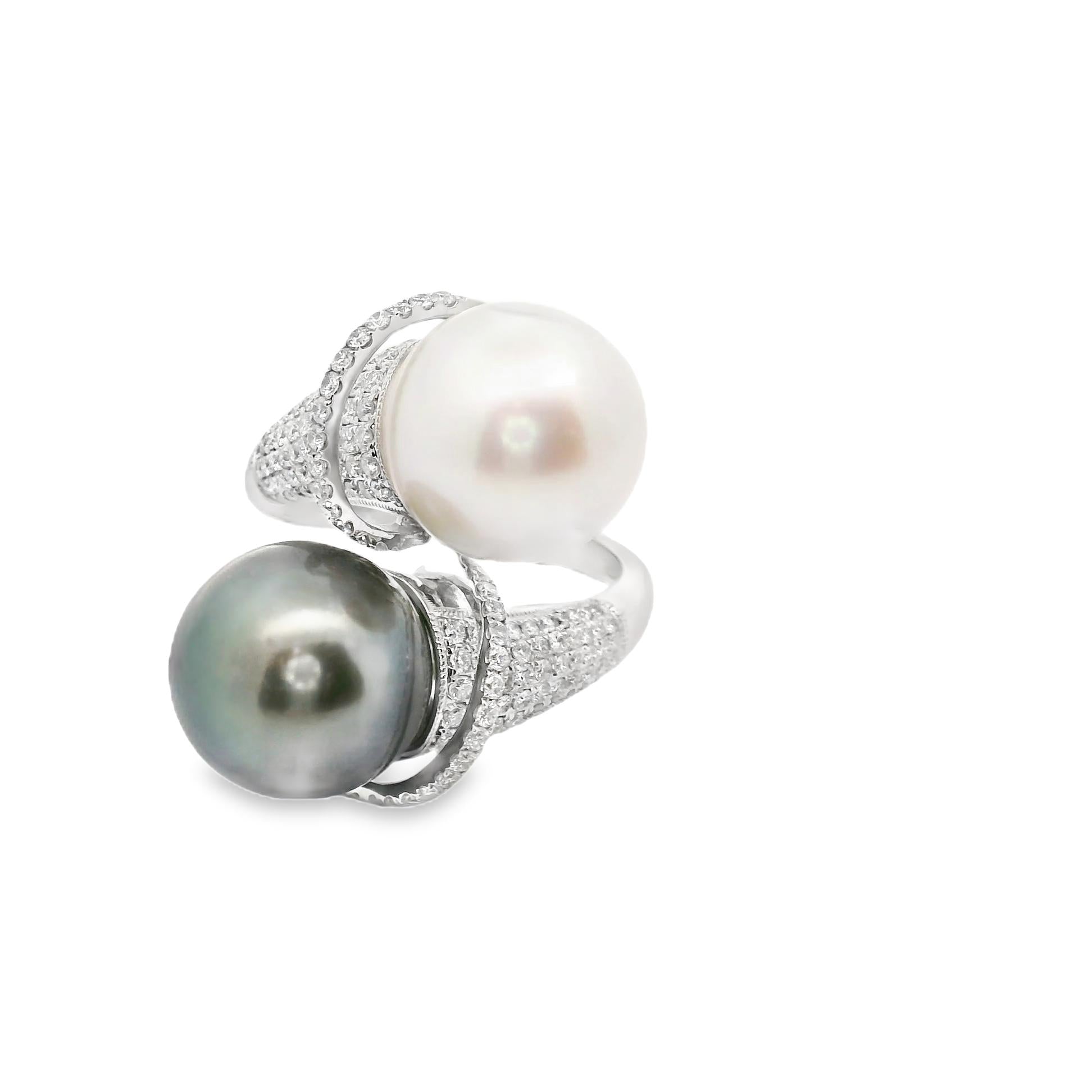 White & Tahitian Cultured Pearl Diamond 18k White Gold Bypass Ring