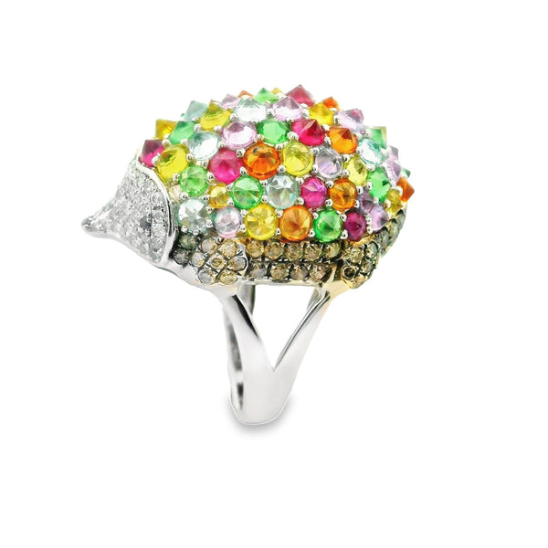 Multi-Color Gemstone Diamond 18K White Gold Hedgehog Ring