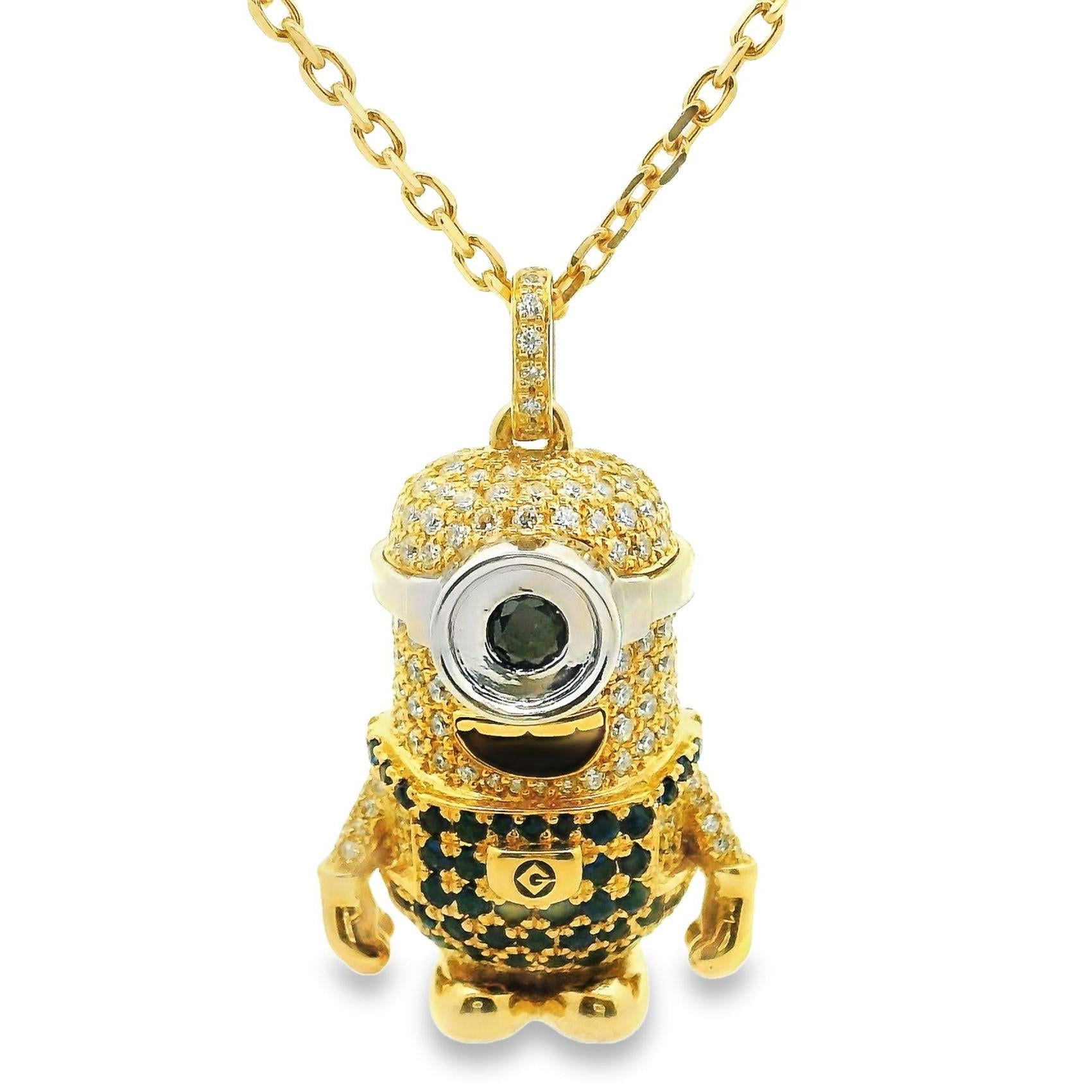 White & Black Diamond Sapphire 18k Yellow Gold “Minion” Pendant Necklace