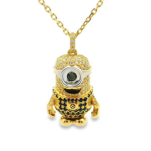 White & Black Diamond Sapphire 18k Yellow Gold “Minion” Pendant Necklace