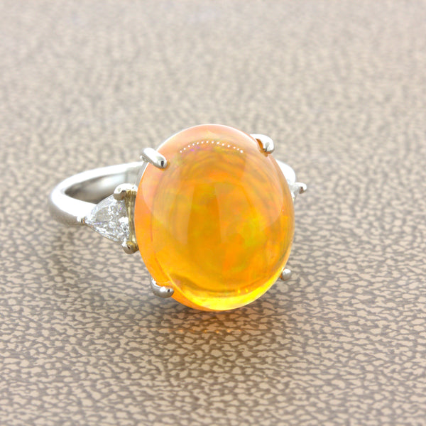 Mexican Fire Opal Diamond 3-Stone Platinum Ring