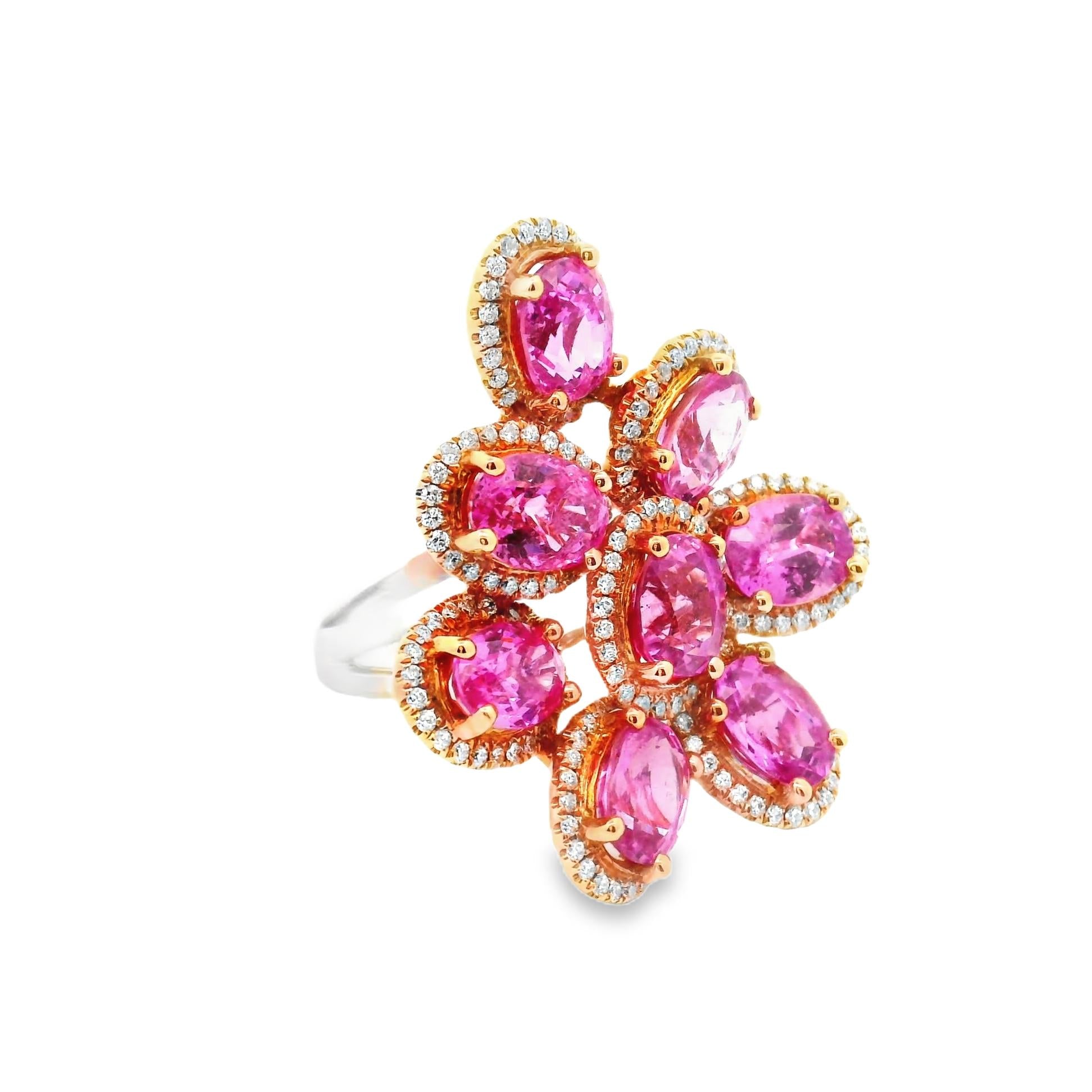 Pink Sapphire & Diamond 18k Gold Cluster Cocktail Ring