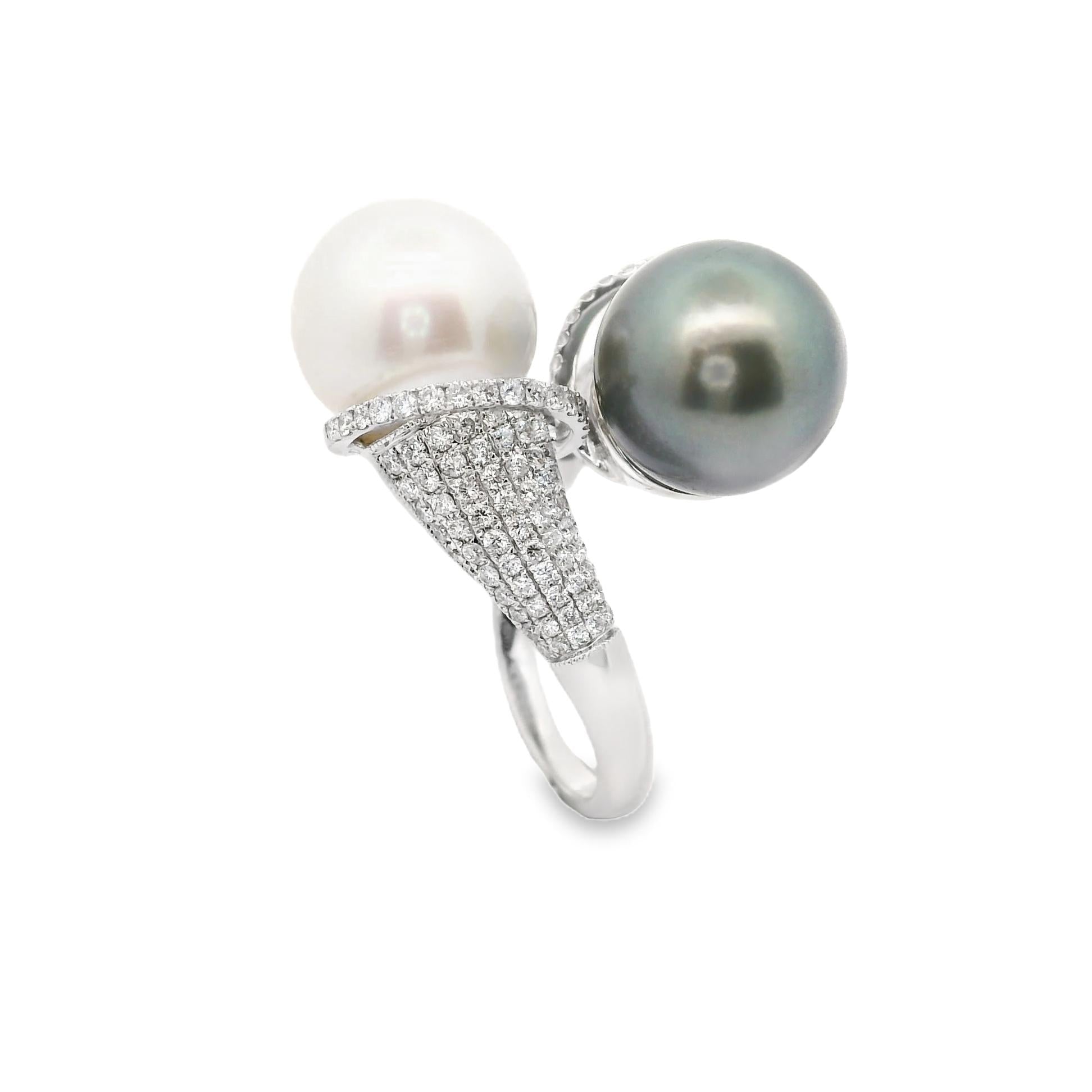 White & Tahitian Cultured Pearl Diamond 18k White Gold Bypass Ring