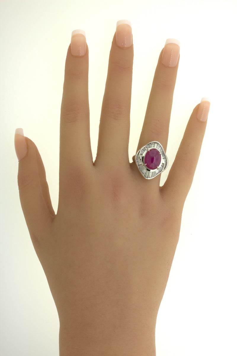 9.34 Carat Cabochon Ruby Diamond Platinum Ring