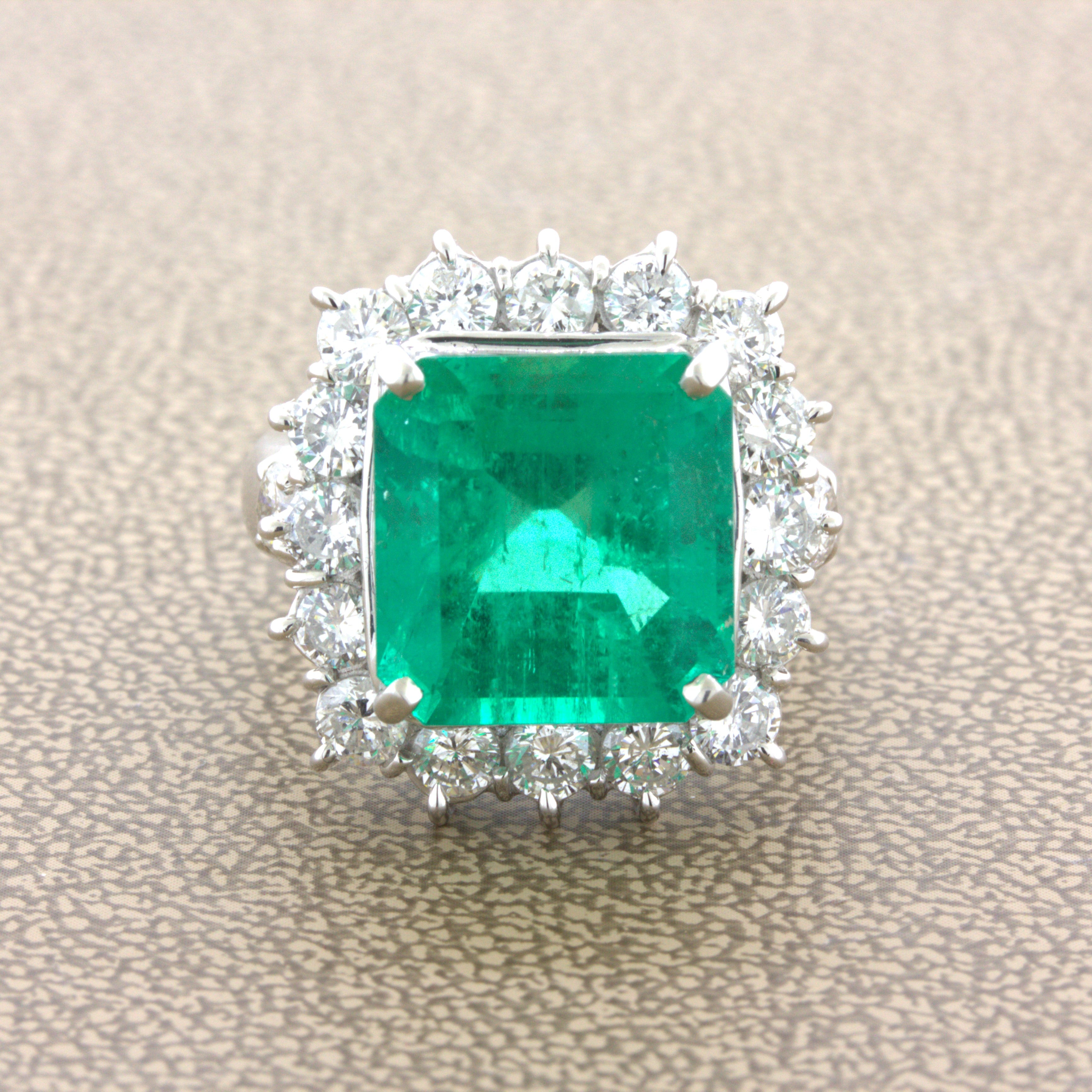 7.60 Carat Colombian Emerald Diamond Halo Platinum Ring, GRS Certified