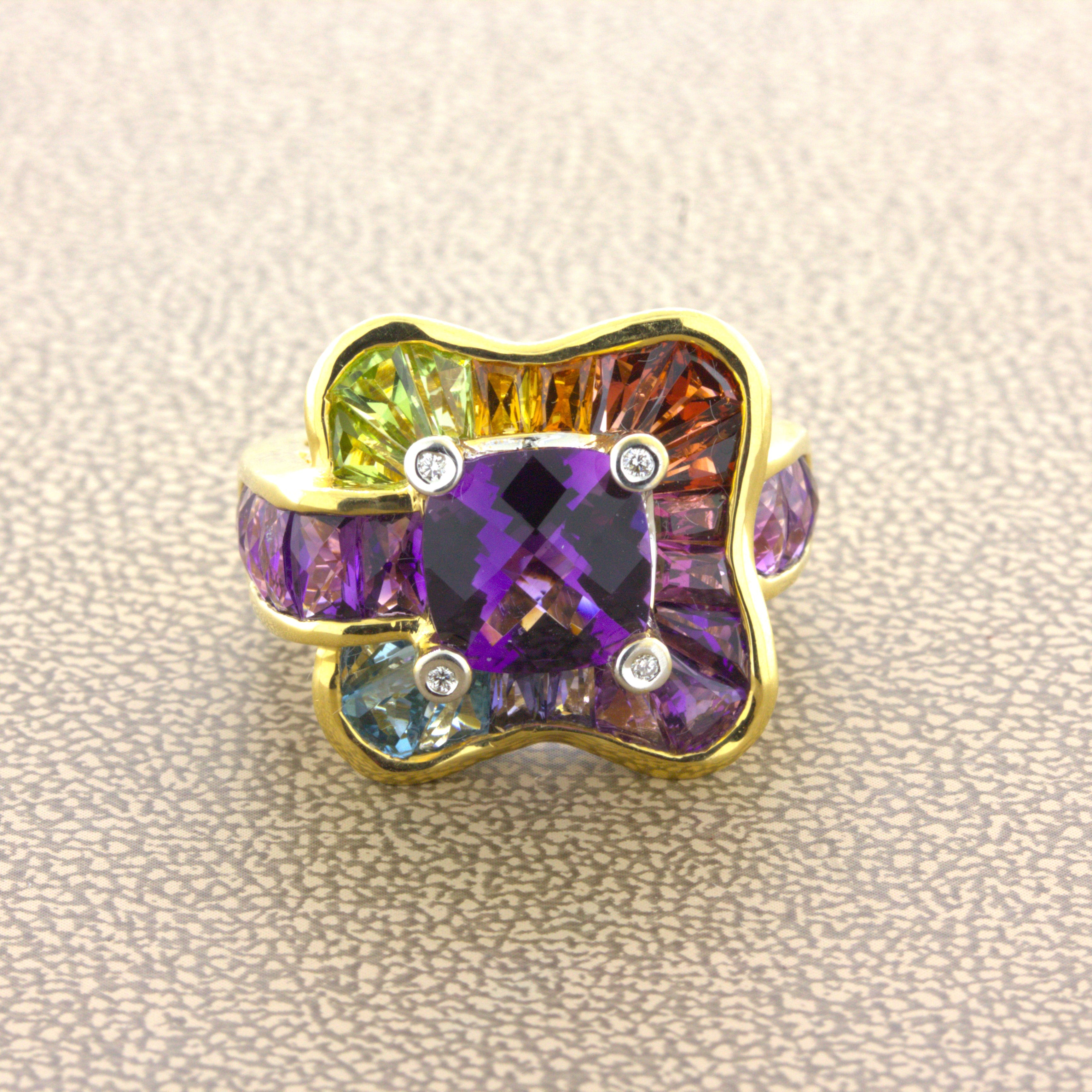 Bellarri Amethyst Diamond Multi-Color Gemstone 18K Yellow Gold Ring