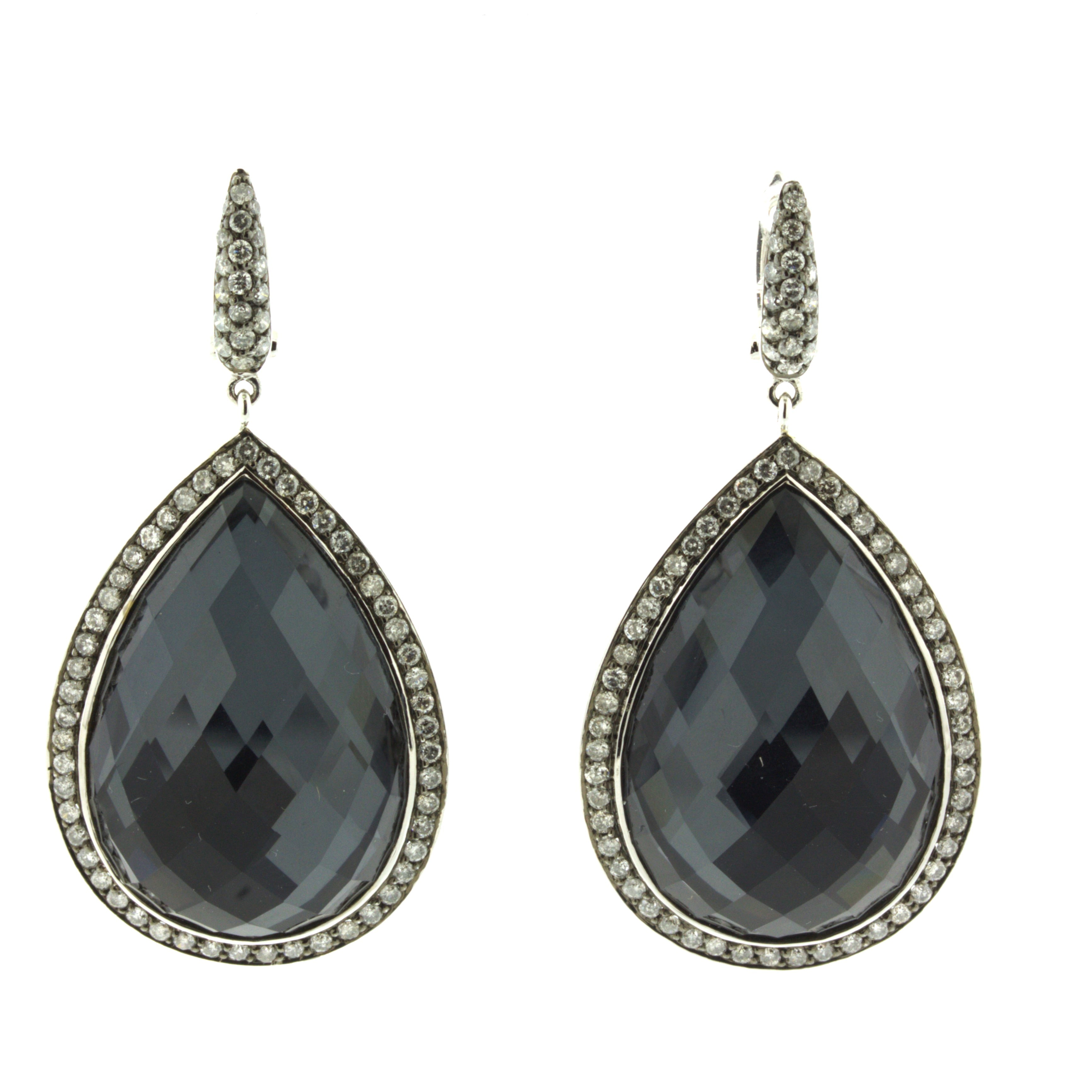 Quartz & Hematite Diamond Halo 18k White Gold Drop Earrings