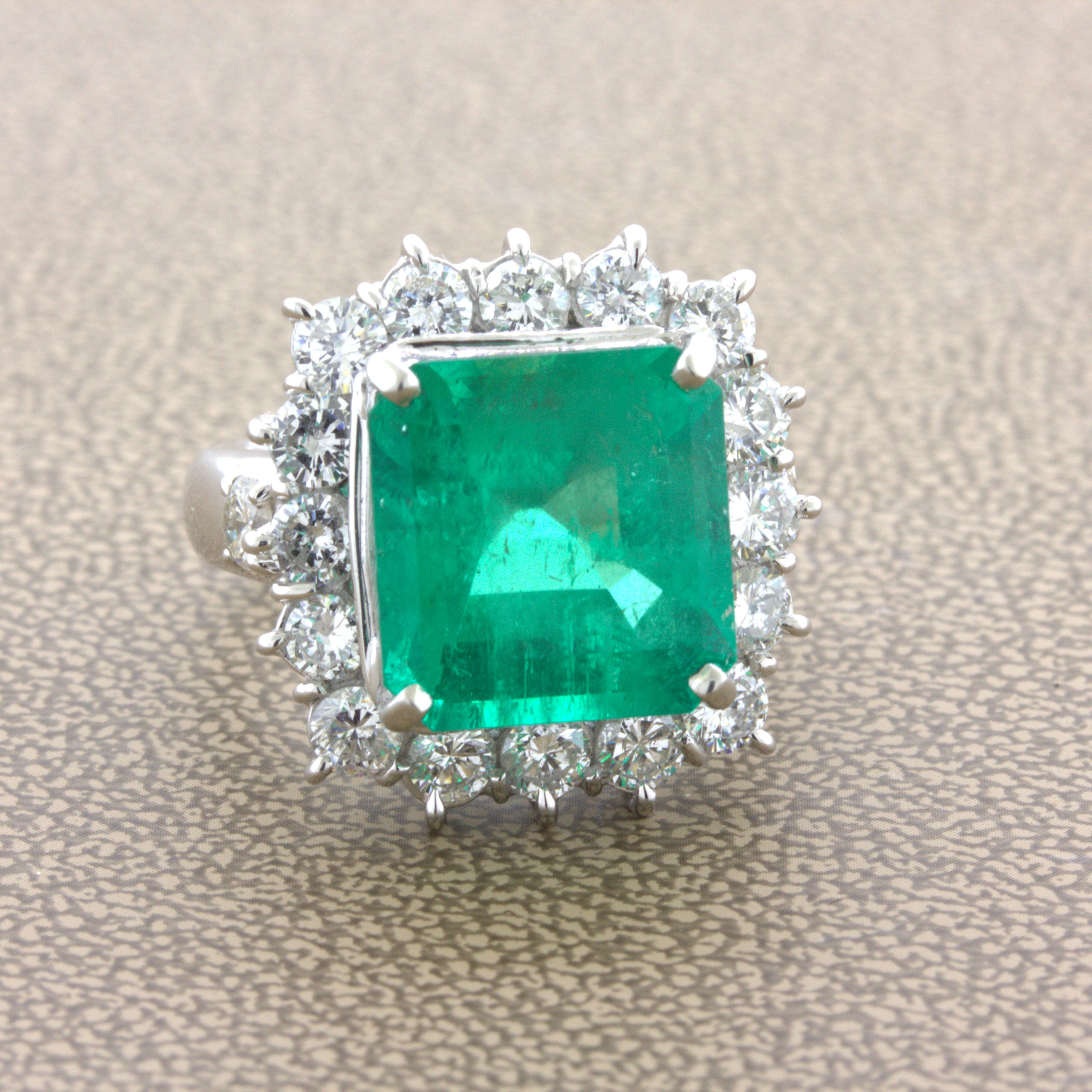 7.60 Carat Colombian Emerald Diamond Halo Platinum Ring, GRS Certified