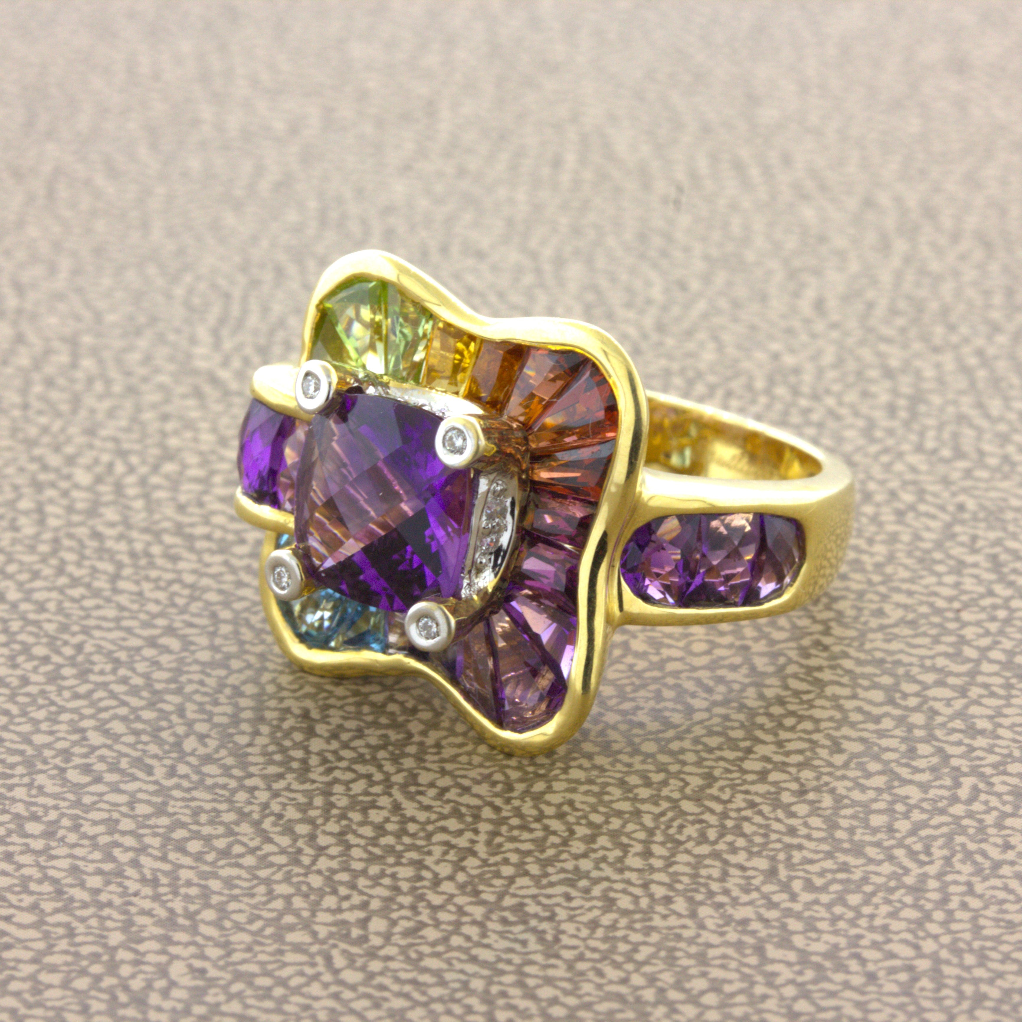 Bellarri Amethyst Diamond Multi-Color Gemstone 18K Yellow Gold Ring